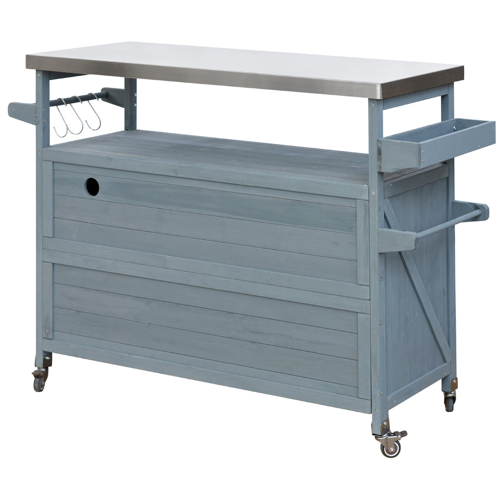 K&K Outdoor Kitchen Island, Rolling Bar Cart & Storage Cabinet, Farmhouse Solid Wood Outdoor Grill Table with Stainless Steel Top, Spice Rack , Towel Rack for Kitchen & BBQ , Grey Blue - Grand Goldman Shop