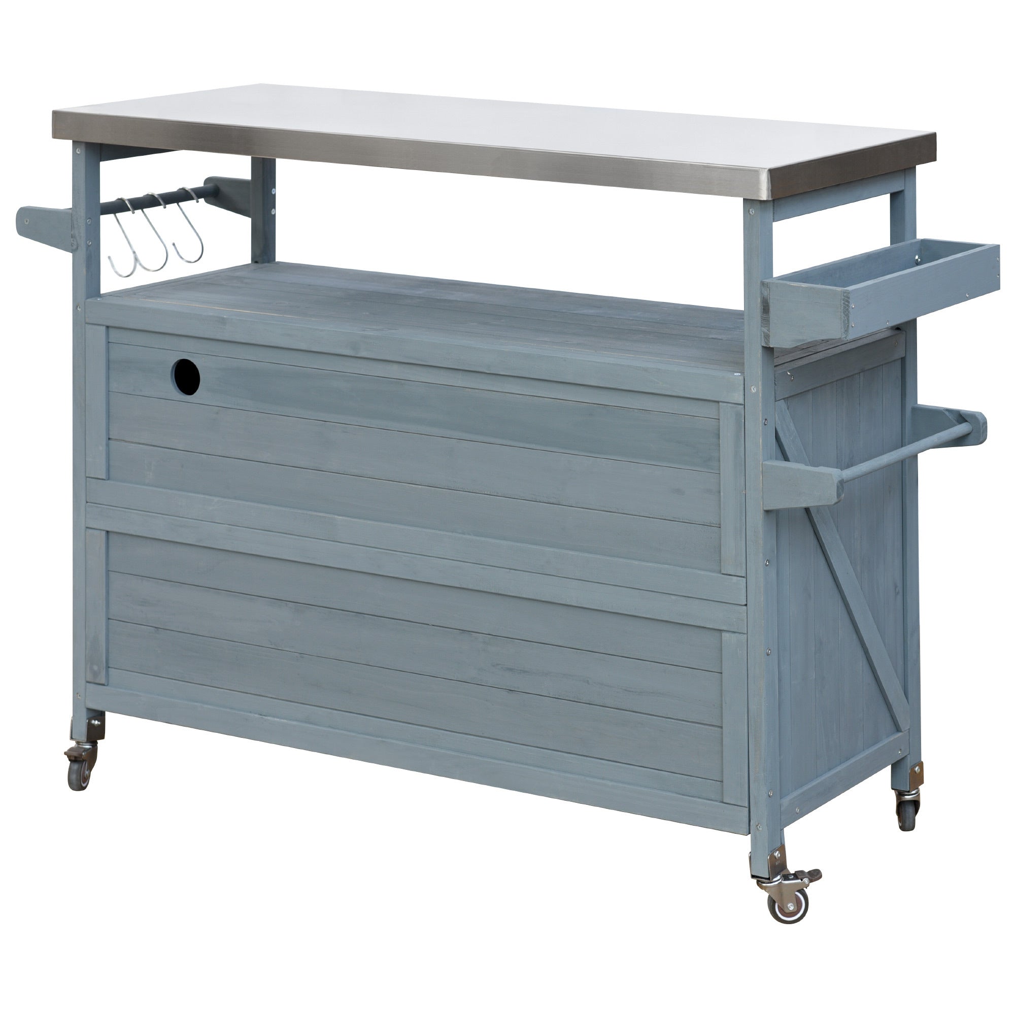 K&K Outdoor Kitchen Island, Rolling Bar Cart & Storage Cabinet, Farmhouse Solid Wood Outdoor Grill Table with Stainless Steel Top, Spice Rack , Towel Rack for Kitchen & BBQ , Grey Blue - Grand Goldman Shop