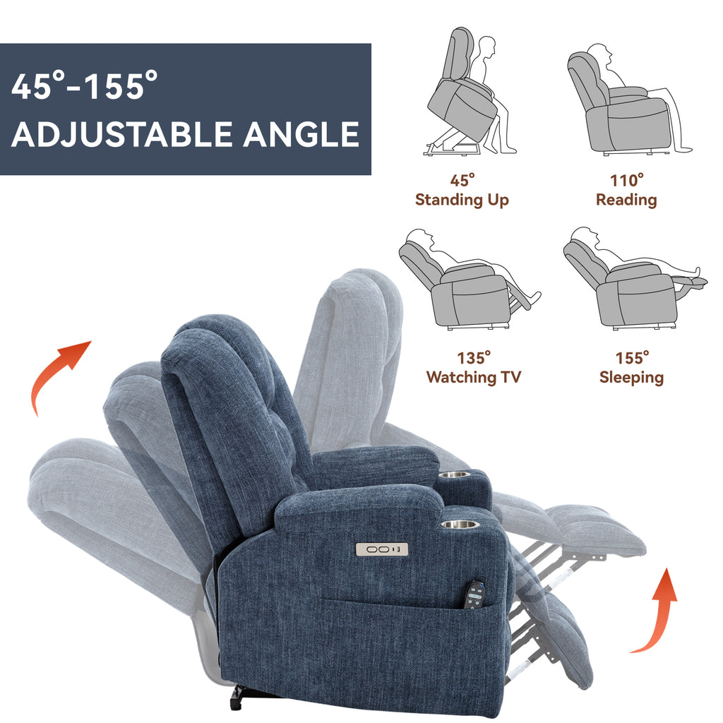 Power Lift Recliner Chair with Massage and Heat for Elderly, Overstuffed Wide Recliners, Heavy Duty Motion Mechanism with USB and Type C Ports, 2 Steel Cup Holders, Blue - Grand Goldman Shop