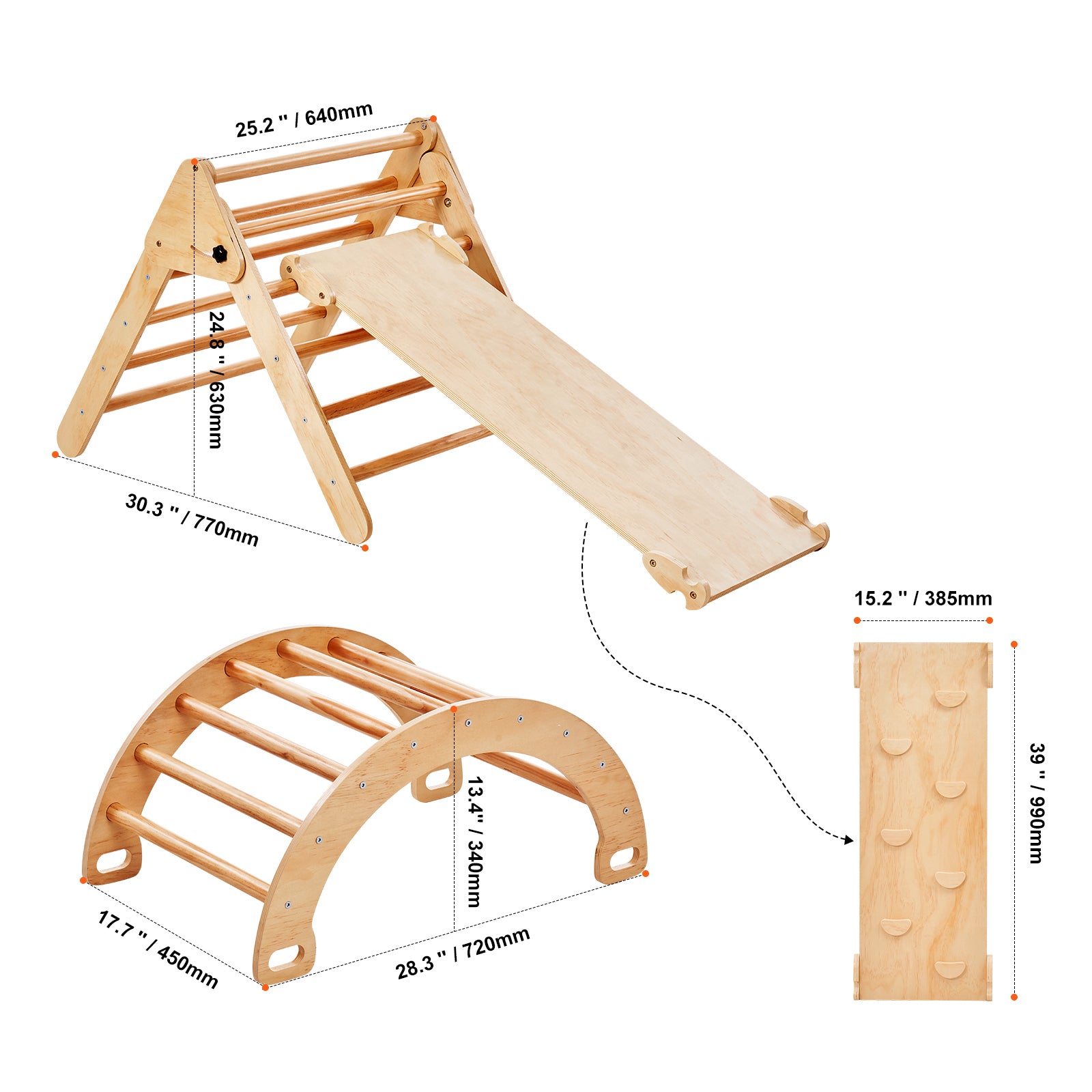 Pikler Triangle Set, 5 in 1 Toddler Climbing Toys Indoor Playground, Ramp, and Arch, Montessori Climbing Set with Triangle, L