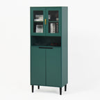 Tempered Glass Door Tall Storage Bookcase with adjustable board, 4 doors MDF painting finished cabinet, Green, Living room Bedroom storage - Grand Goldman Shop