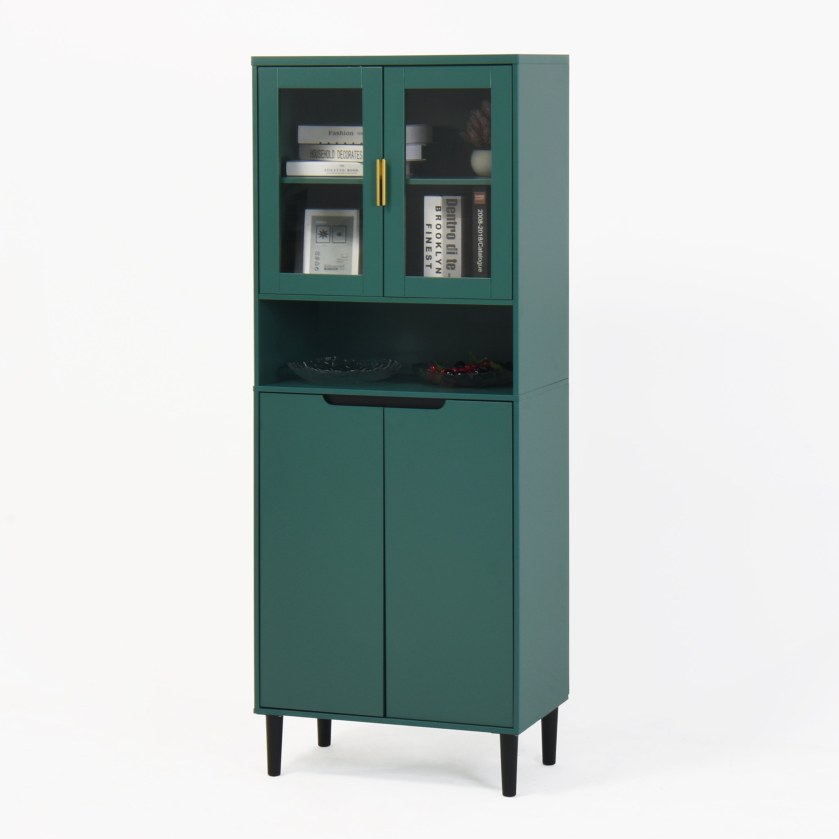 Tempered Glass Door Tall Storage Bookcase with adjustable board, 4 doors MDF painting finished cabinet, Green, Living room Bedroom storage - Grand Goldman Shop