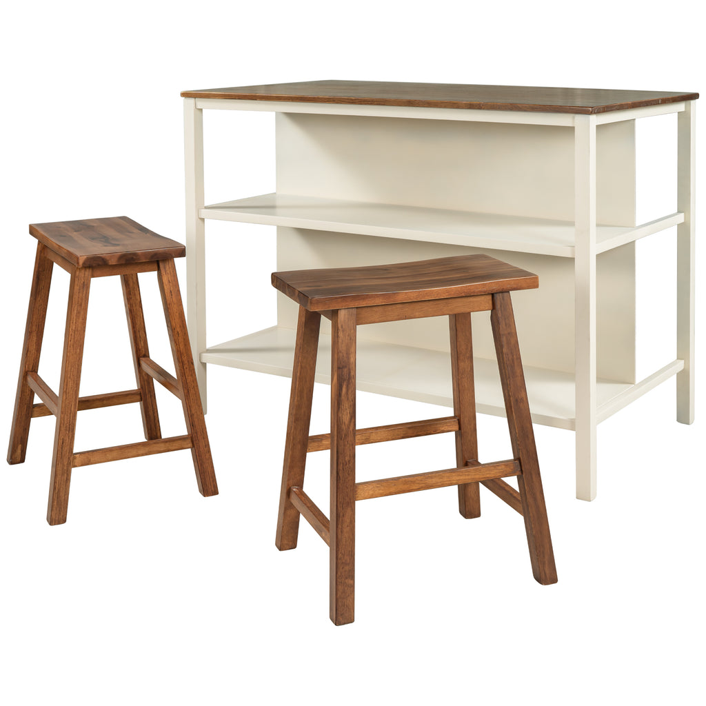 TOPMAX Rustic 3-piece Stationary Kitchen Island Set with Butcher Block and Seating, Walnut and Cream White - Grand Goldman Shop