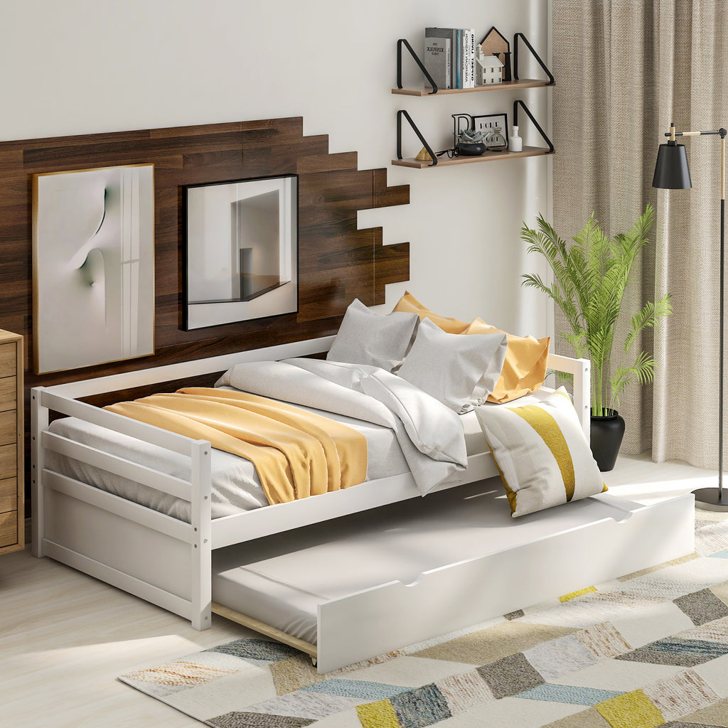 White Twin Daybed with Trundle Frame Set, Pine Wood and MDF, 76''L x 41.7''W x 25.9''H - Grand Goldman Shop