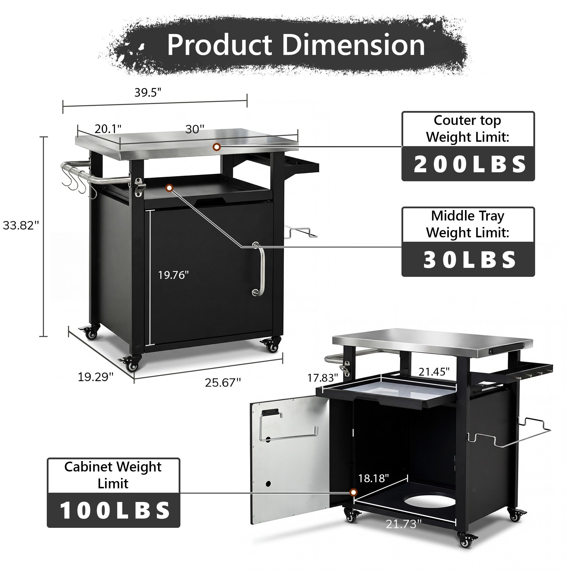 K&K 39.5' Outdoor Grill Cart with Storage Cabinet, Outdoor Bar Cart Pizza Oven Table with Wheels, Stainless Steel Top, Outdoor Kitchen Island with Spice & Paper Rack for BBQ, Waterproof Cover Included - Grand Goldman Shop