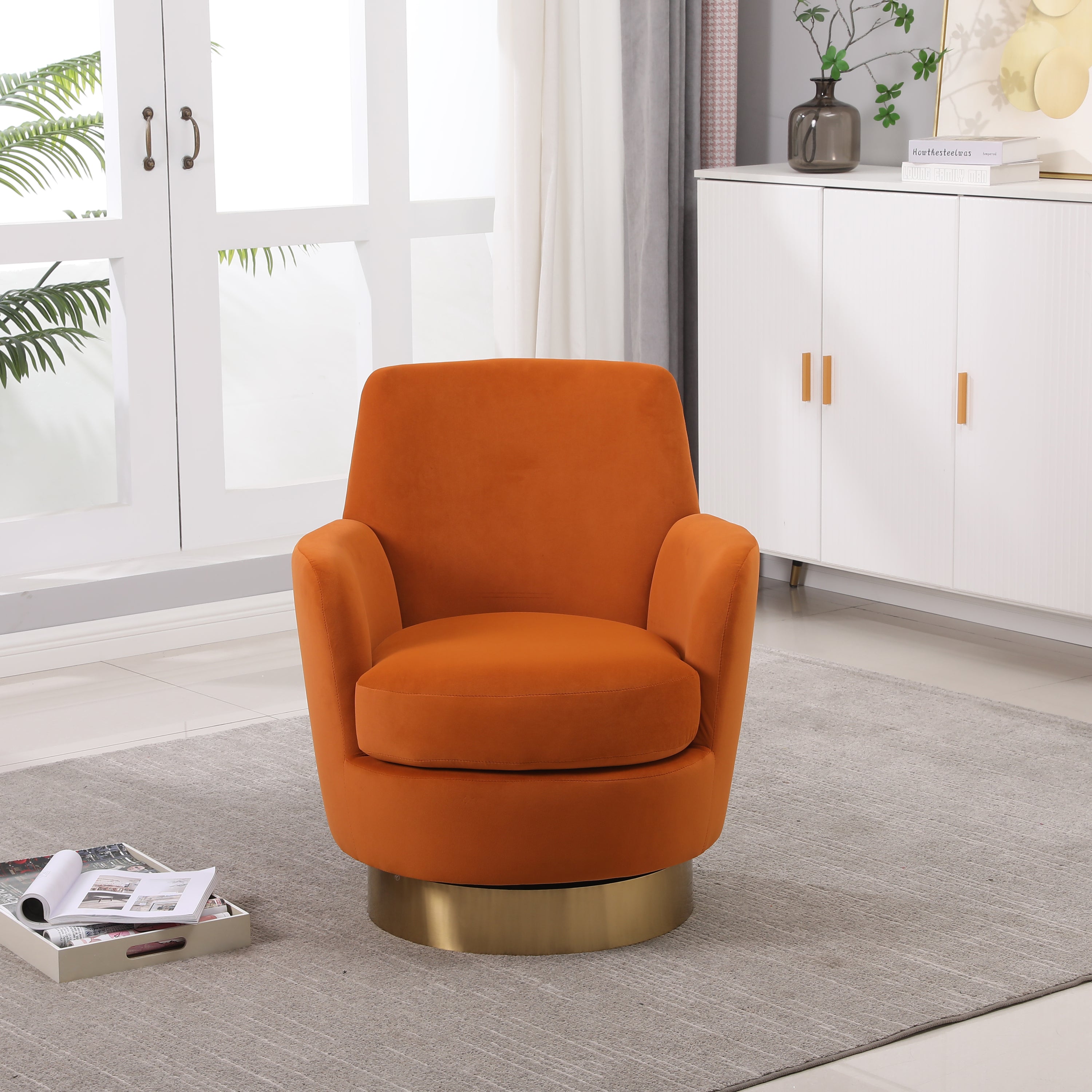 Velvet Swivel Barrel Chair, Swivel Accent Chairs Armchair for Living Room, Reading Chairs for Bedroom Comfy, Round Barrel Chairs with Gold Stainless Steel Base (Orange) - Grand Goldman Shop