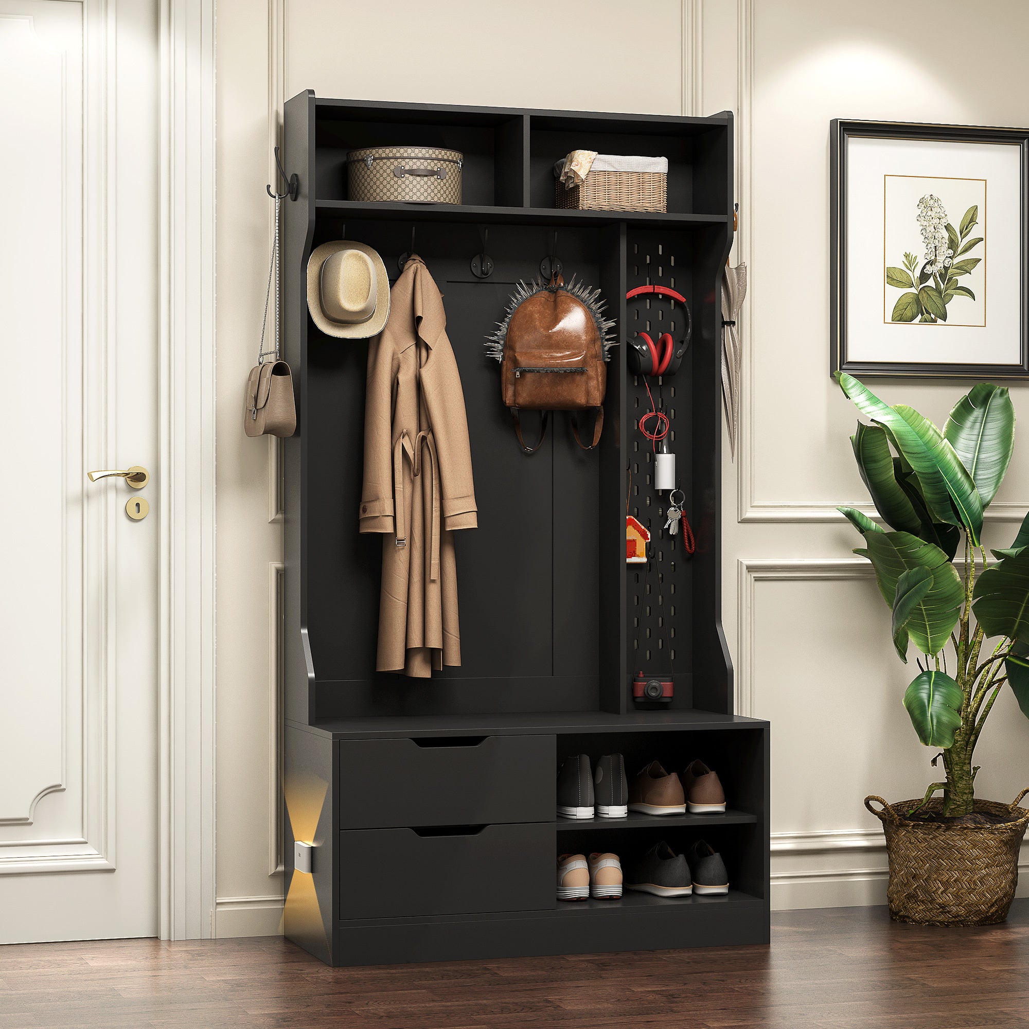 Hall Tree with 6 Hooks,Coat Hanger, Entryway Bench, Storage Bench,for Entrance, Hallwa,black - Grand Goldman Shop