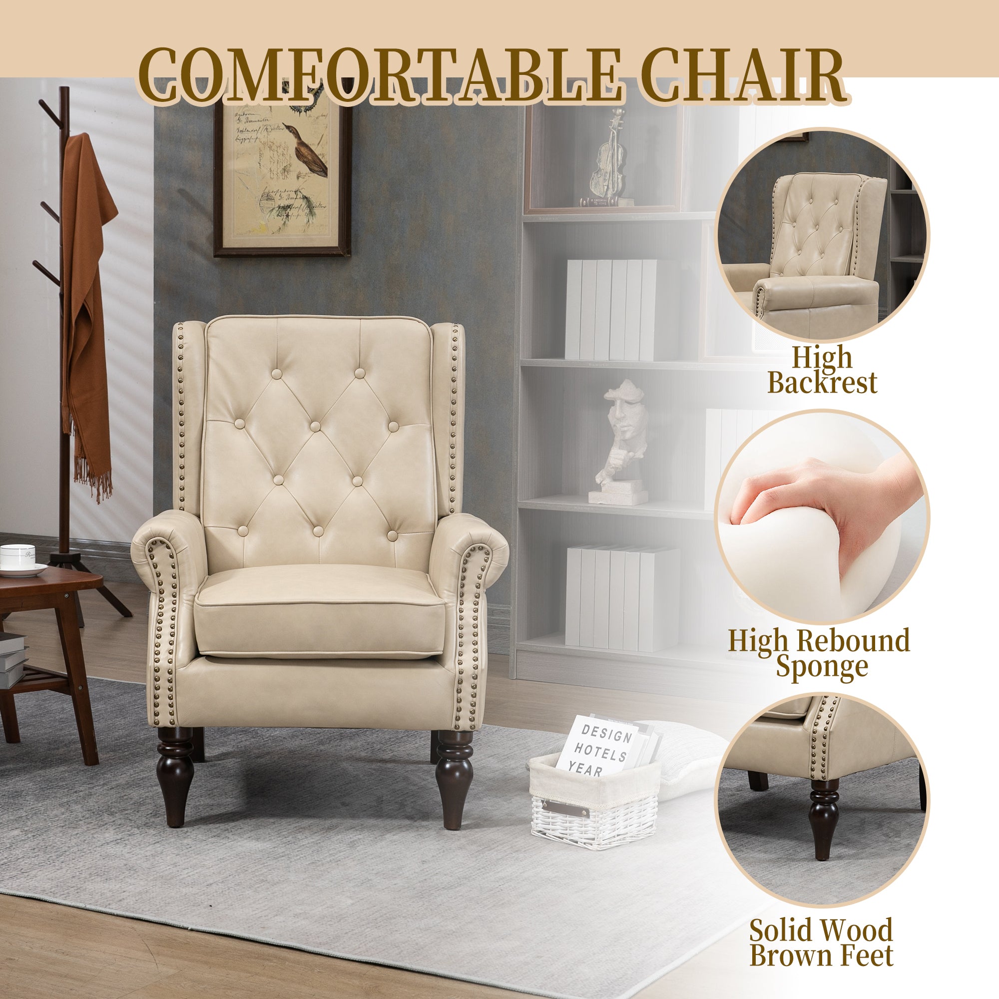 Modern Accent Chair Lounge Chair with Sturdy Wood Legs in Camel PU Leather for Living Room and Bedroom - Grand Goldman Shop