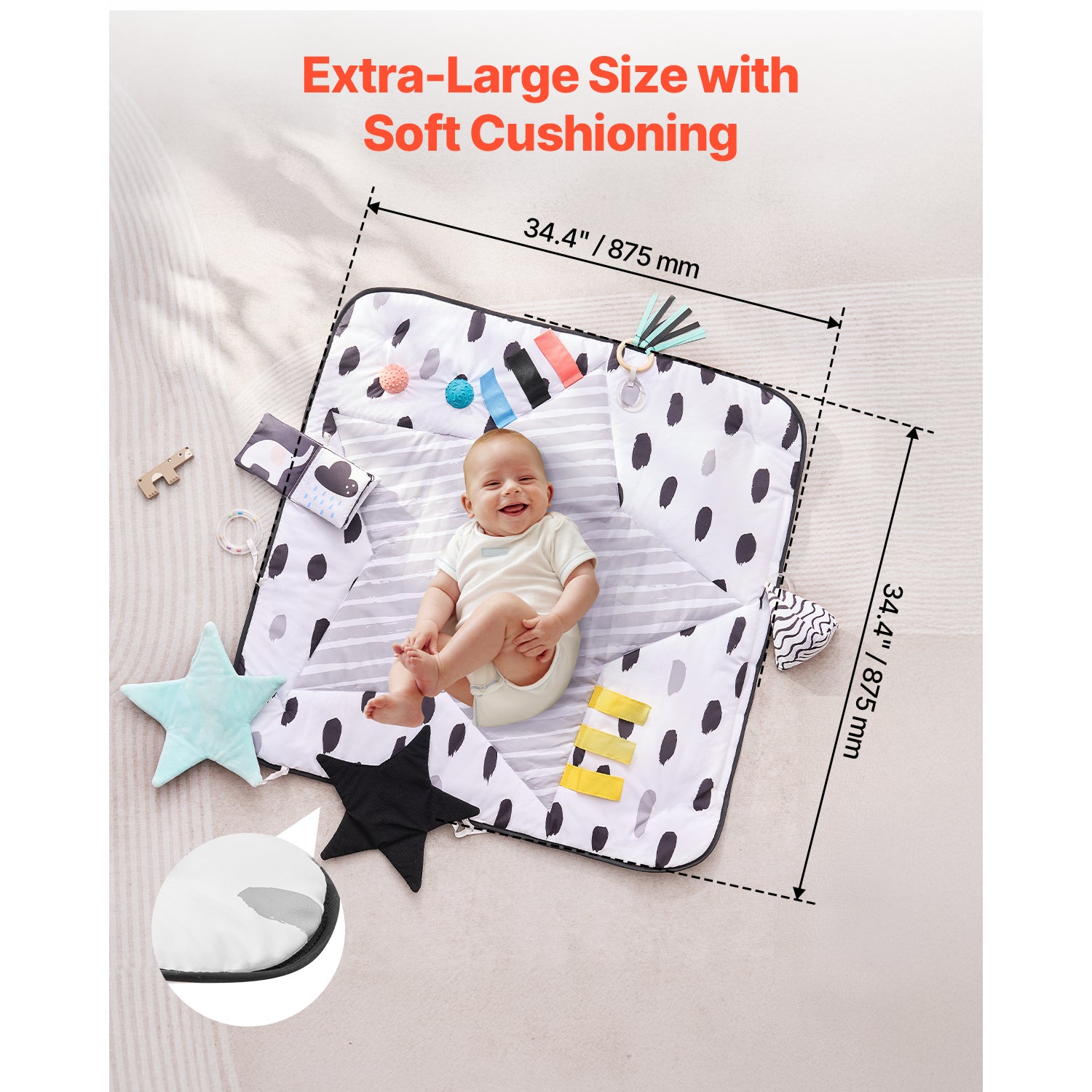 Baby Play Gym Mat Tummy Time Activity Mat with 6 Sensory Toys 34.4' x 34.4' | Premium Home Decor - Grand Goldman