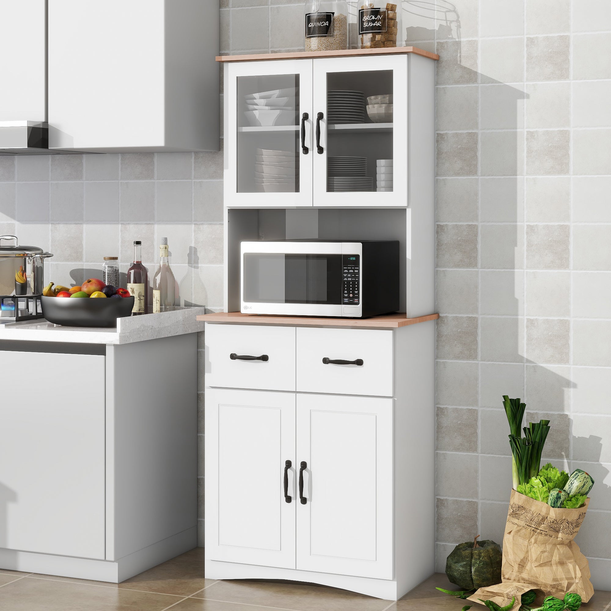 Wooden Kitchen Cabinet White Pantry Room Storage Microwave Cabinet with Framed Glass Doors and Drawer - Grand Goldman Shop