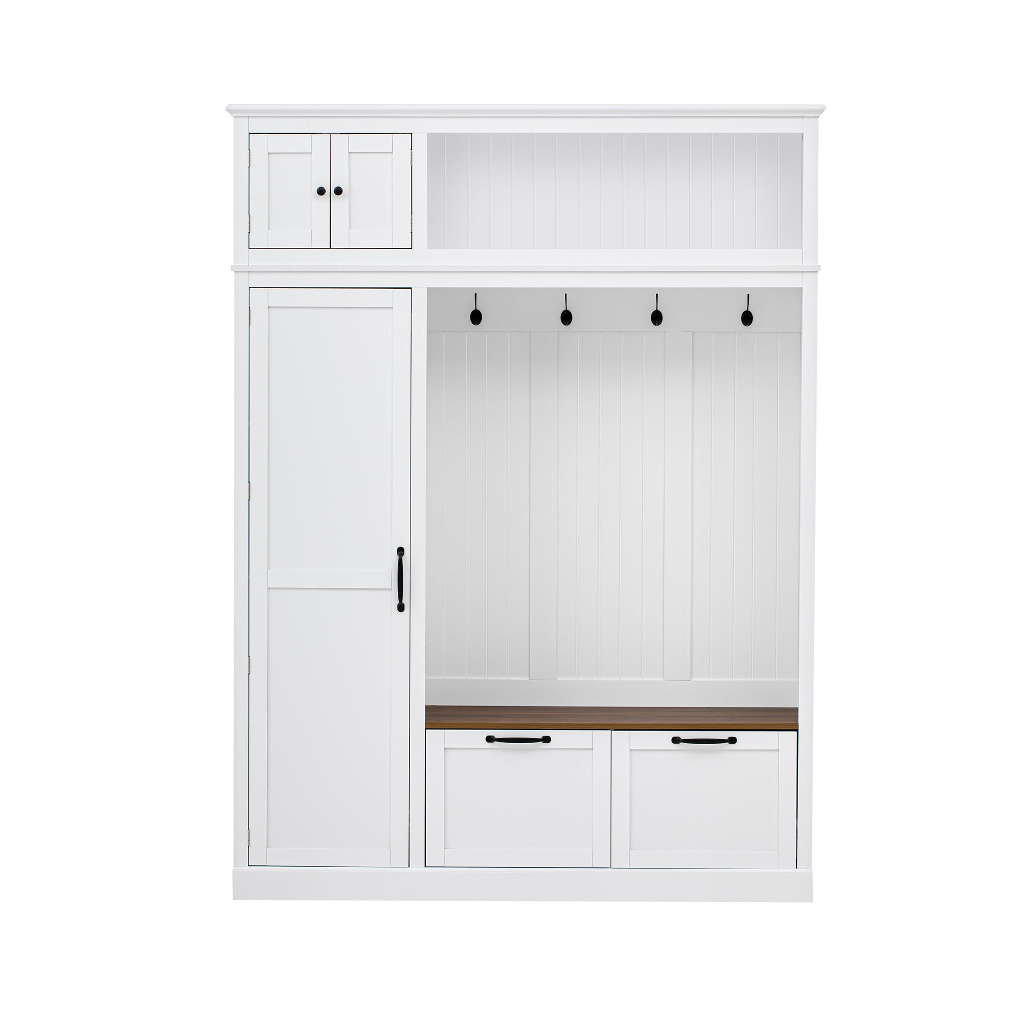 3-in-1 Hall Tree with Overhead Storage Cabinet, 3 Adjustable Side Shelves, 4 Heavy-Duty Hooks, 2 Spacious Drawers, Grooved Back Panel Design, Contrasting Seat Bench, Multifunctional Entryway Organizer - Grand Goldman Shop