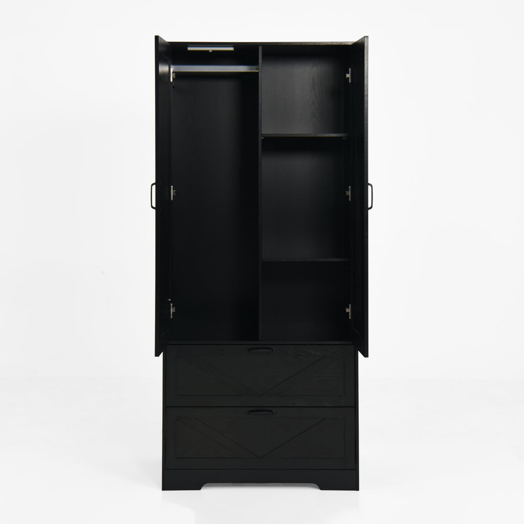 2 Door Wood Wardrobe for Bedroom with Hanging Clothing Rod inside the Cabinet and 2 Drawers for Storage Organization, Built-in induction light Multifunctional Closet with Mirror, Black - Grand Goldman Shop