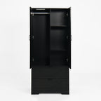 2 Door Wood Wardrobe for Bedroom with Hanging Clothing Rod inside the Cabinet and 2 Drawers for Storage Organization, Built-in induction light Multifunctional Closet with Mirror, Black - Grand Goldman Shop