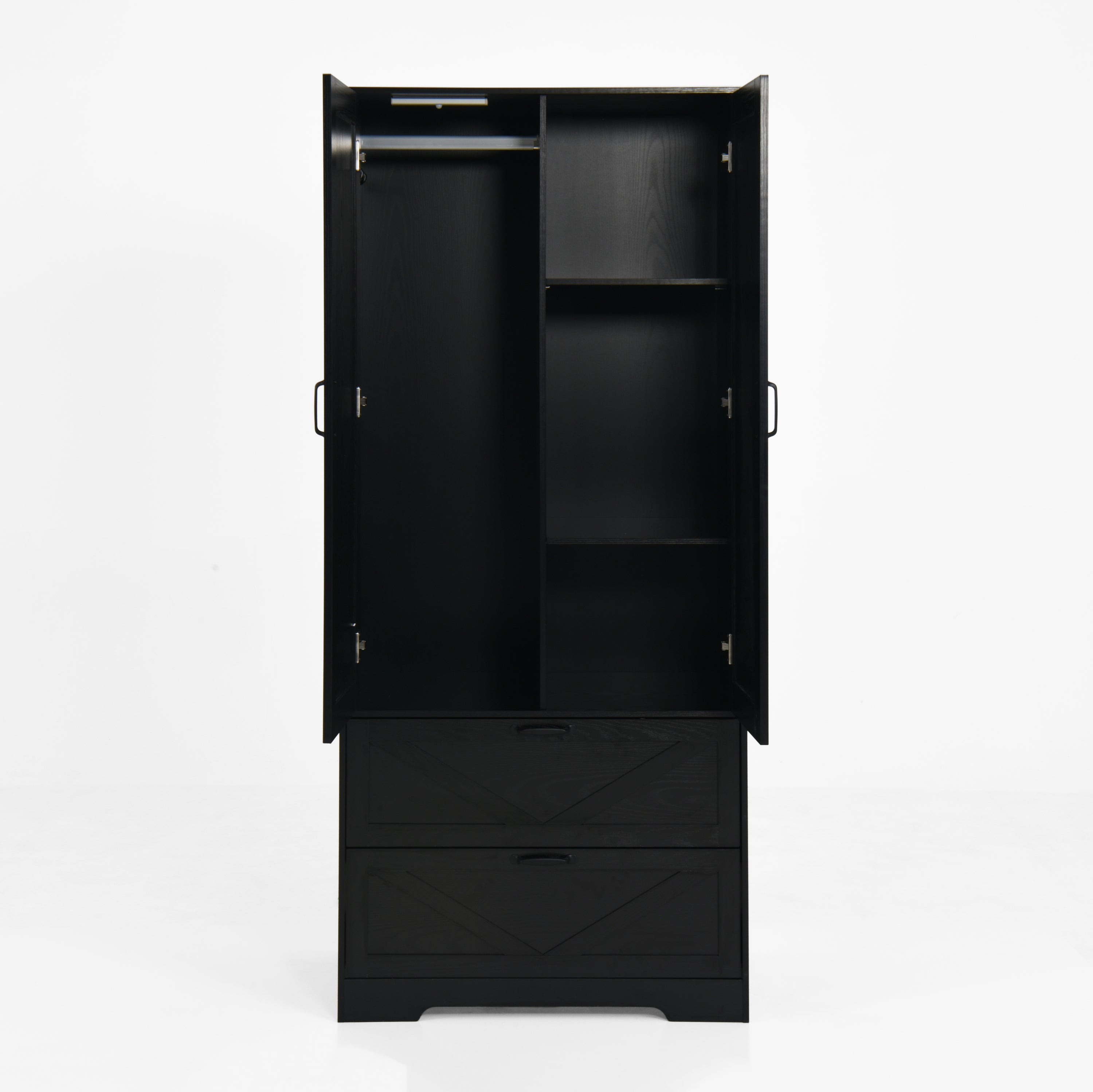 2 Door Wood Wardrobe for Bedroom with Hanging Clothing Rod inside the Cabinet and 2 Drawers for Storage Organization, Built-in induction light Multifunctional Closet with Mirror, Black - Grand Goldman Shop