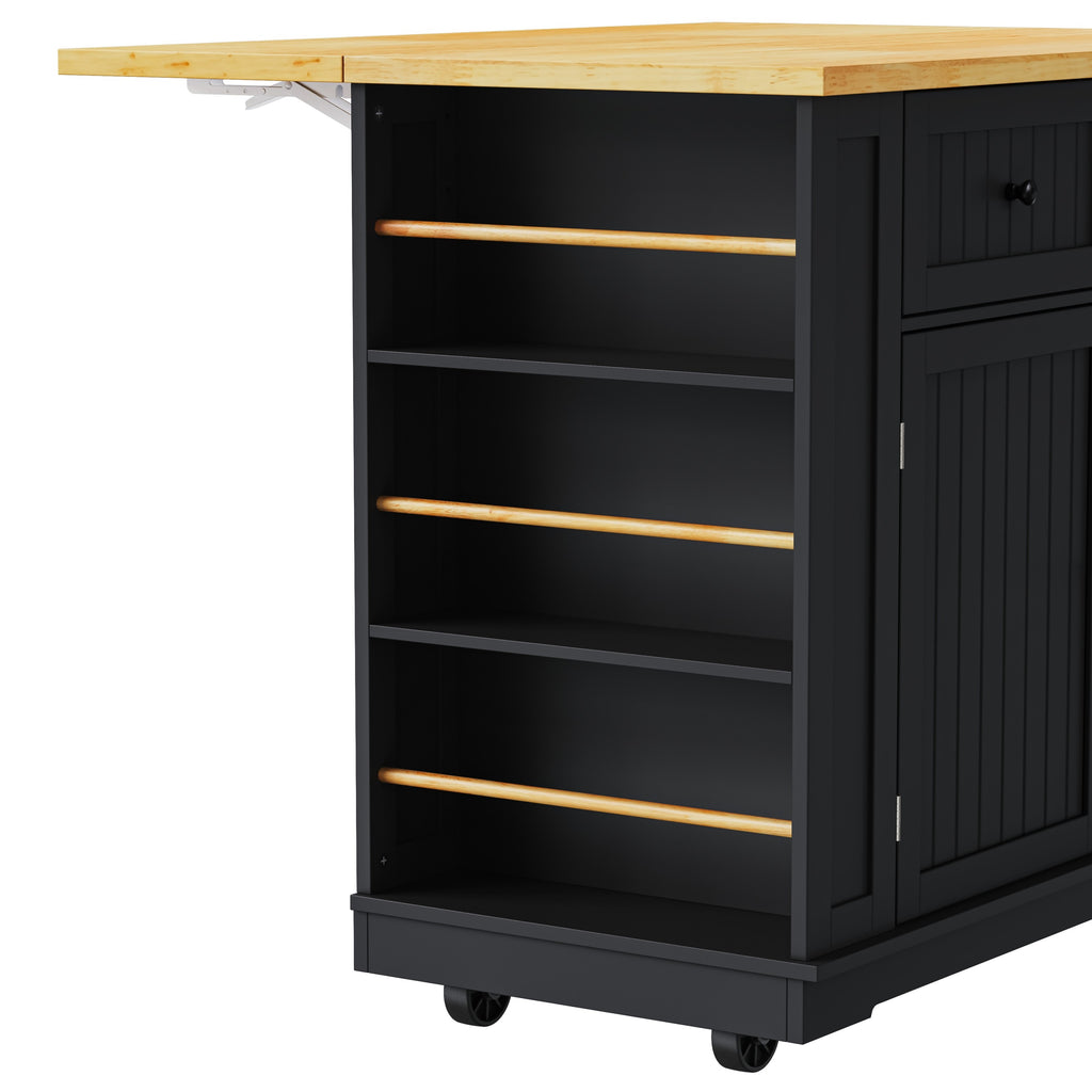 48 inch Kitchen Island with Drop Leaf,Power Outlet,Internal Storage Rack,Rolling Kitchen Storage Cart on 5 Wheels with 5 Open Side Racks,for Kitchen,Black (Old SKU N707P257057B)(Not Include Stools) - Grand Goldman Shop