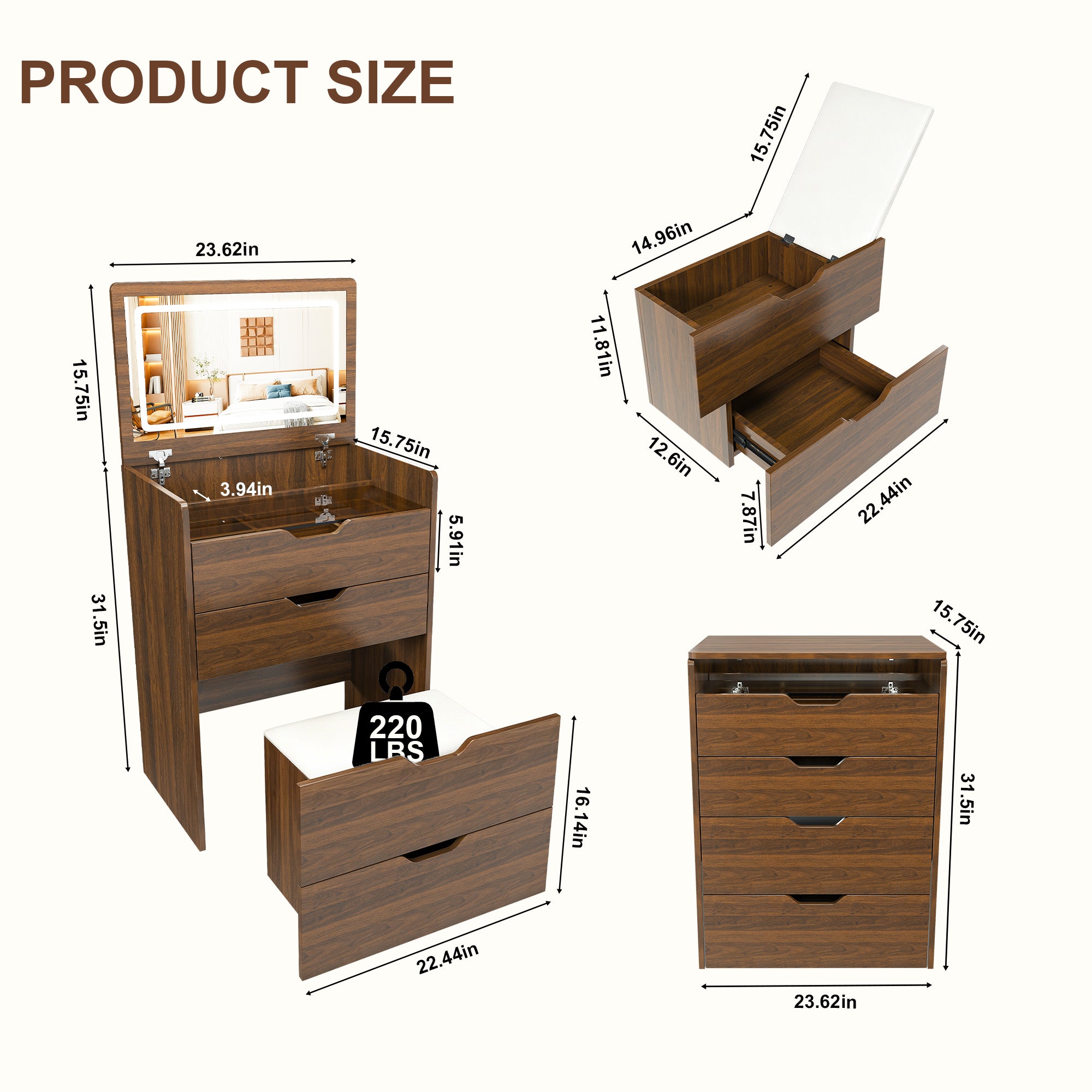 3-in-1 Vanity Desk with Flip Top Lighted Mirror & Storage Stool, Compact Makeup Dressing Table in Walnut Finish, 23.62L - Grand Goldman Shop