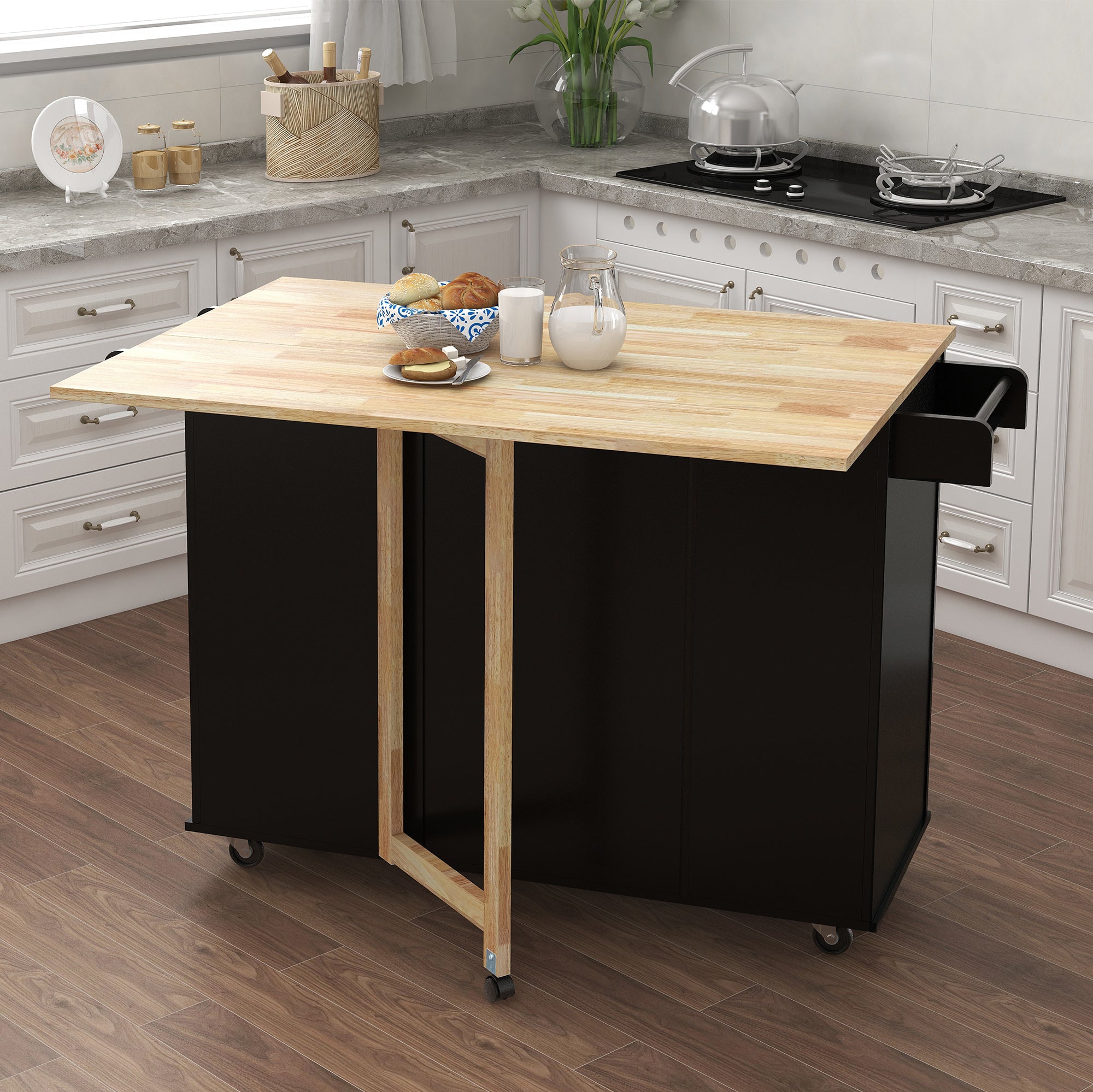 Kitchen Island with Spice Rack, Towel Rack and Extensible Solid Wood Table Top-Black - Grand Goldman Shop