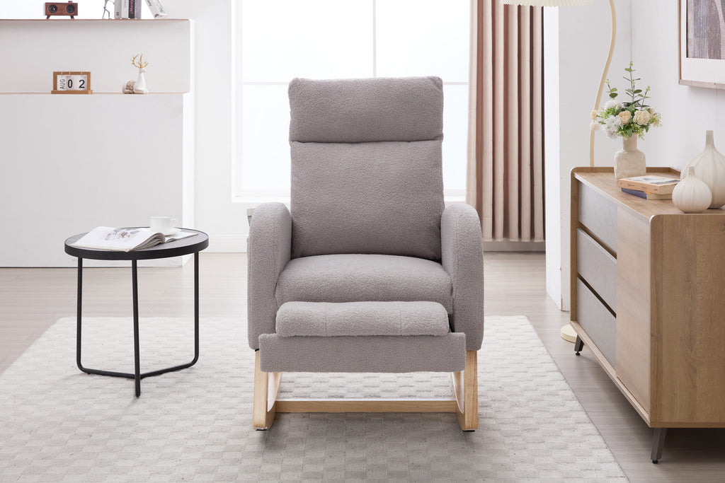 015B-Teddy Fabric Leisure Rocking Chair,Nursery Rocking Chair With Adjustable Footstool,Thickened Headrest And High Backrest, Storage Pocket On The Right Side,The Base Rocker Is Solid Wood,Light Gray - Grand Goldman Shop