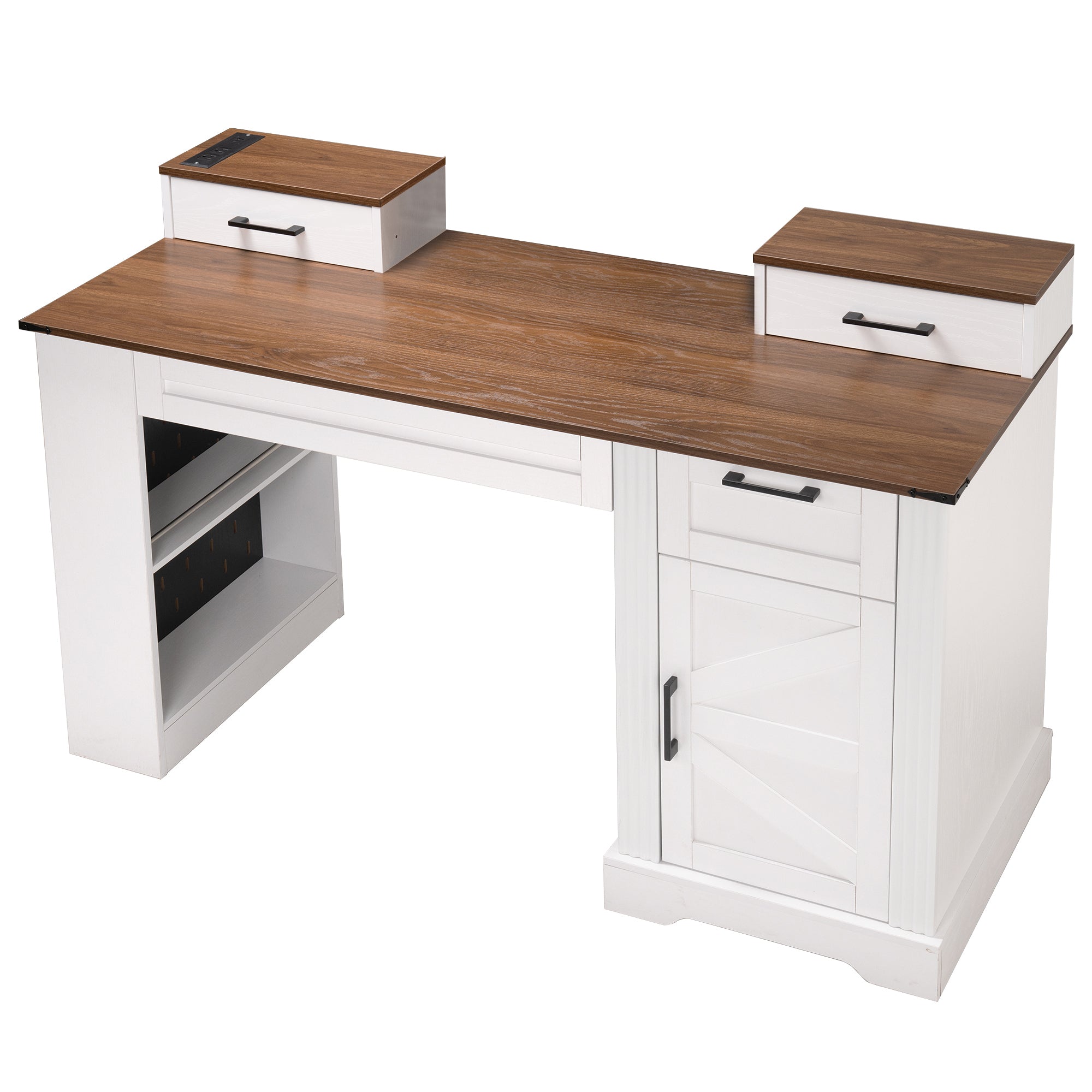 White Farmhouse Office Desk with Storage Cabinet, Charging Station, Monitor Stand & Pegboard, 55' Computer Writing Desk with 