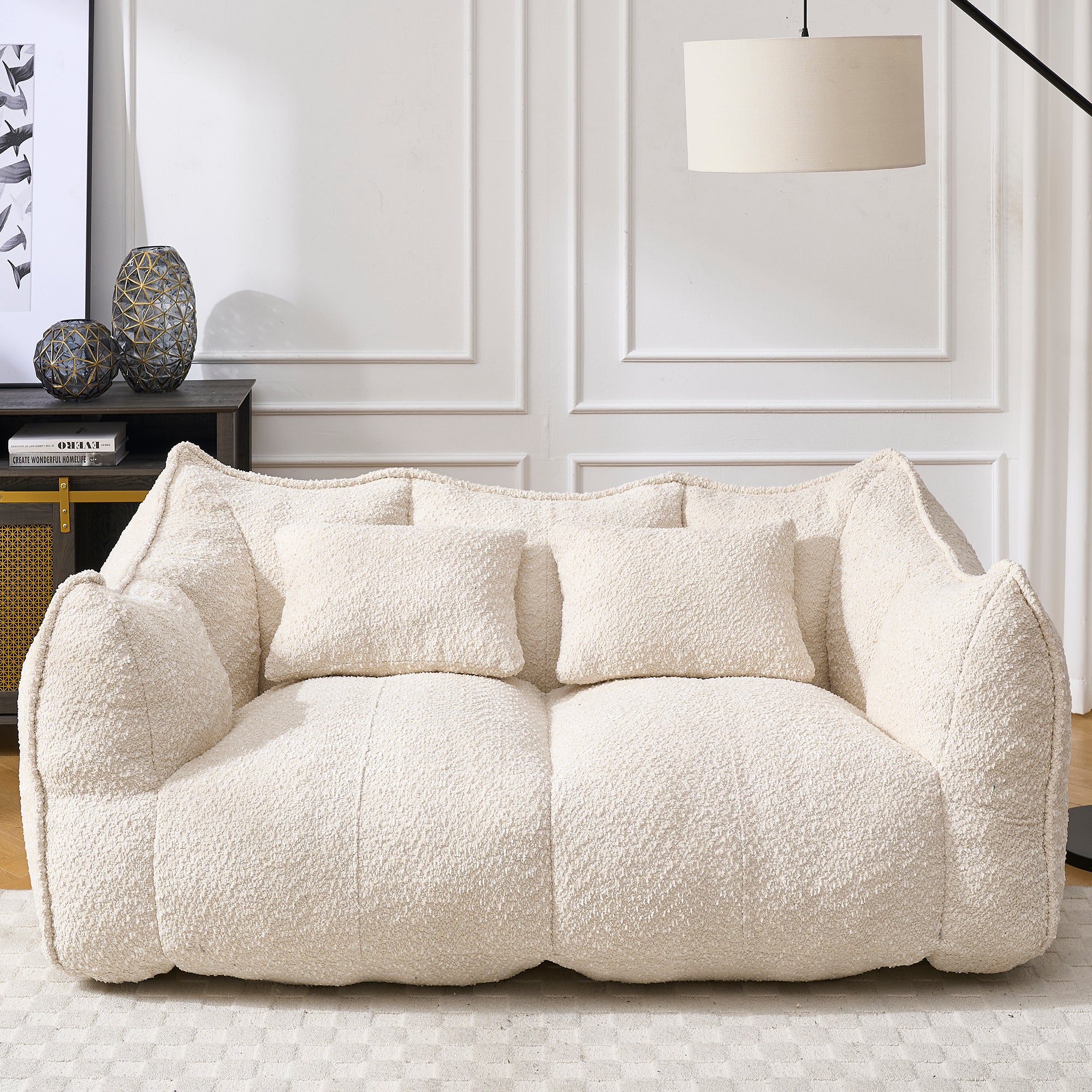 Comfortable Dual Beanbag Chair with High Resilience Foam Core for Two People in Beige Chenille - Grand Goldman Shop