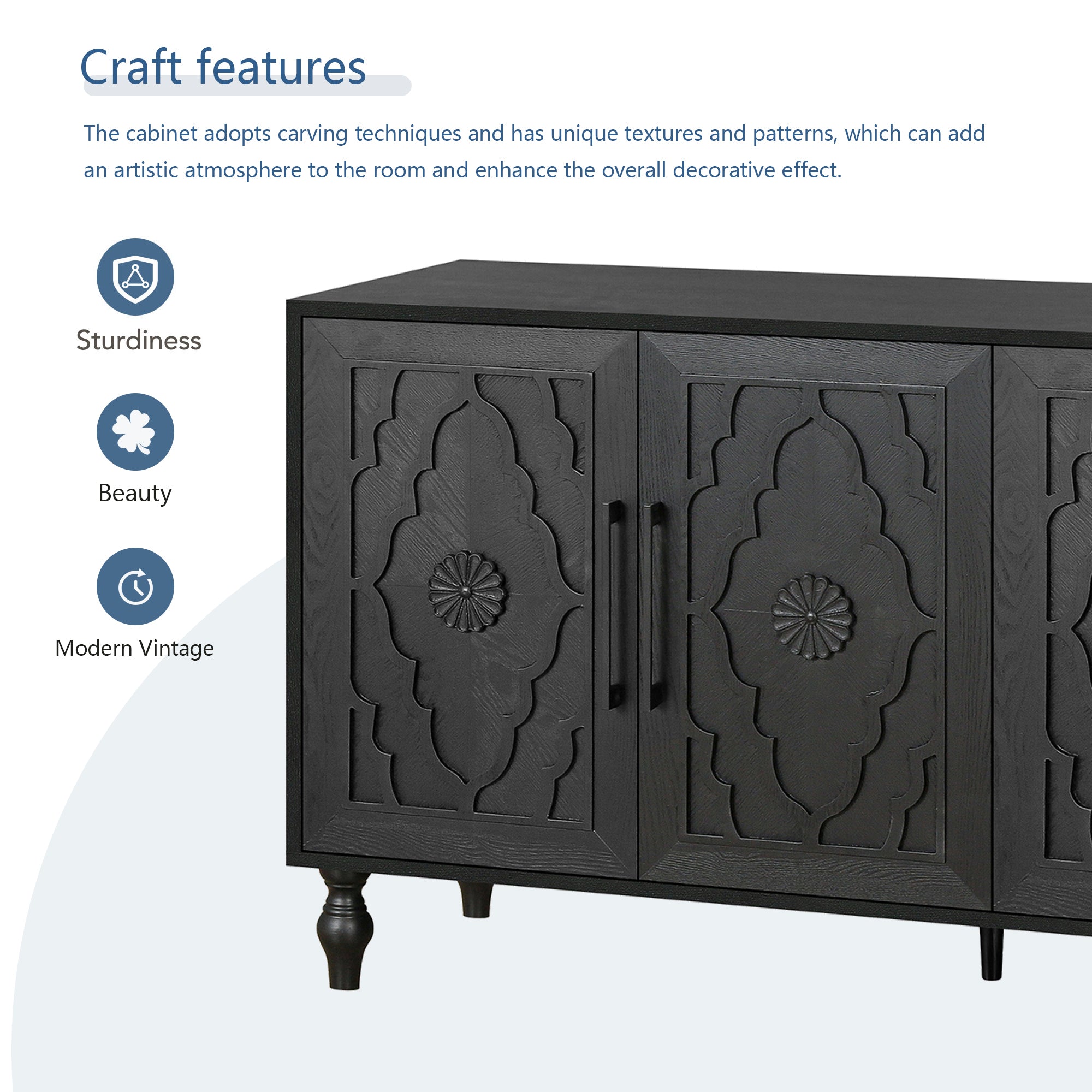 Carved Flower Door Large Storage Cabinet With Metal Handle Suitable For Living Room, Kitchen, Entryway(BLACK) - Grand Goldman Shop