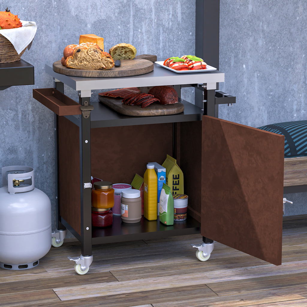 Outdoor Grill Cart with Stainless Steel Tabletop, Storage, Patio Kitchen Island with Wheels, Hooks, and Spice Rack, Waterproof Outdoor Grill Table, Movable BBQ Serving Cart Rolling Bar Cart - Grand Goldman Shop