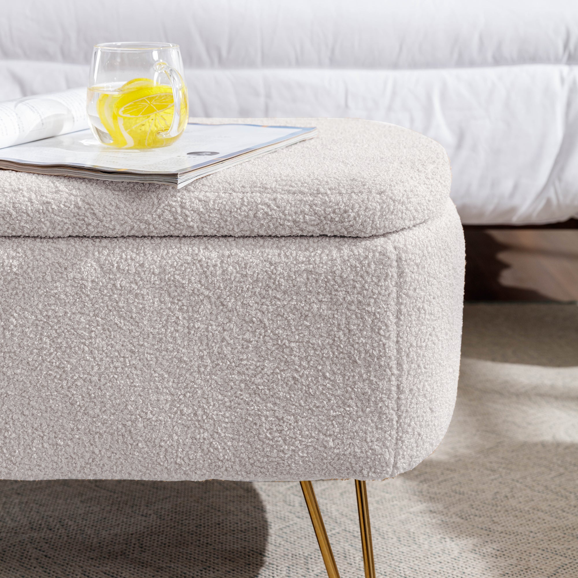 Ivory White Storage Ottoman Bench for End of Bed Gold Legs, Modern Ivory White Faux Fur Entryway Bench Upholstered Padded with Storage for Living Room Bedroom - Grand Goldman Shop