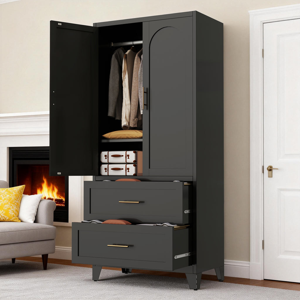 71' Tall Metal Wardrobe Cabinet with 2 Drawers and Hanging Rod, 2 Doors Wardrobe Closet with Shelf for Bedroom, Office, Laundry Room,Entryway ,Foyer,Guesthouse (Black) - Grand Goldman Shop