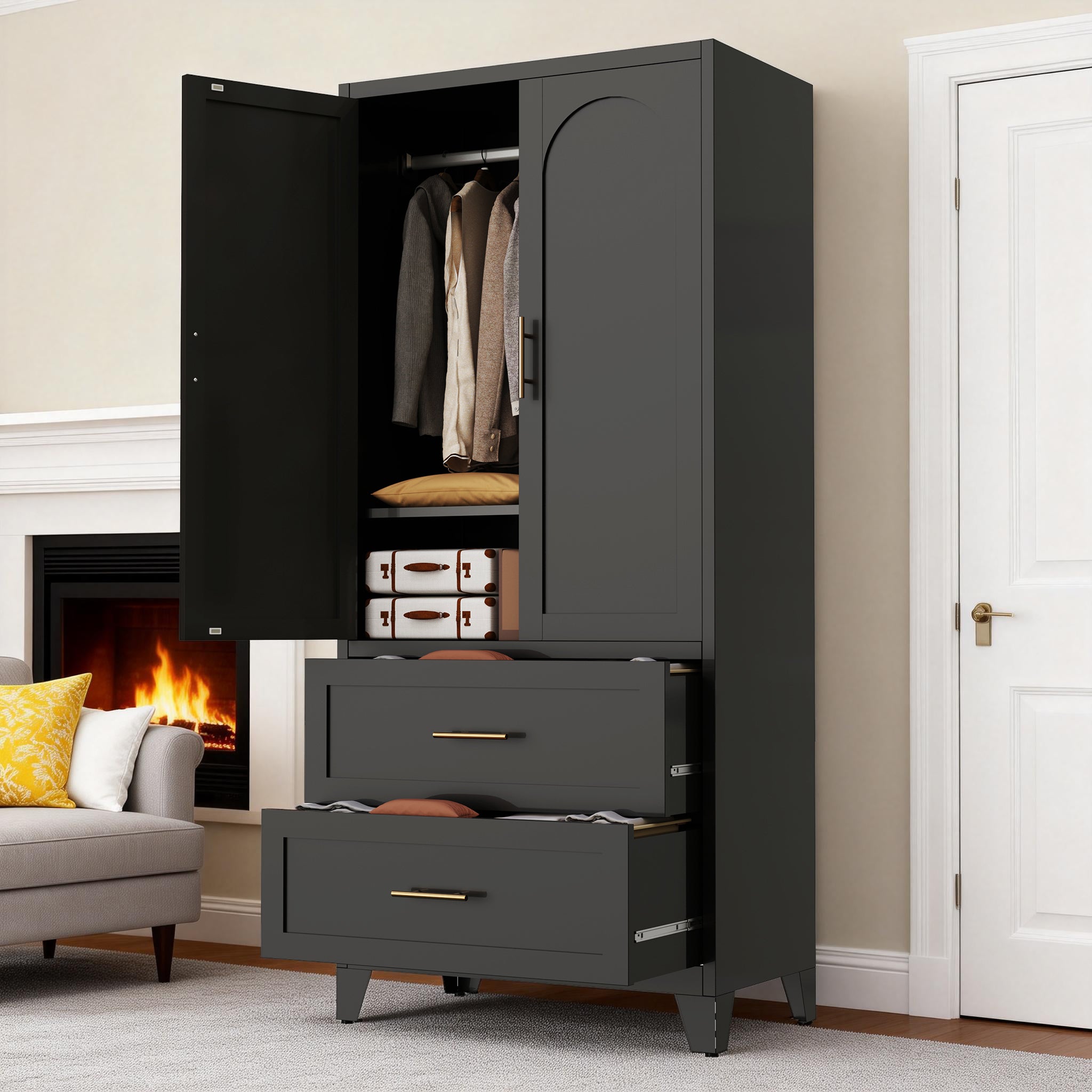 71' Tall Metal Wardrobe Cabinet with 2 Drawers and Hanging Rod, 2 Doors Wardrobe Closet with Shelf for Bedroom, Office, Laundry Room,Entryway ,Foyer,Guesthouse (Black) - Grand Goldman Shop