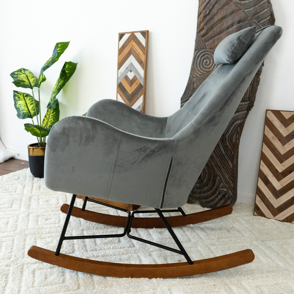 Chelsea Grey Velvet Rocking Chair, Comfort and Style for Home, Light Gray, Velvet, 38.5'H x 27.5'W x 36'D for Living Room Bedroom Waiting Room - Grand Goldman Shop