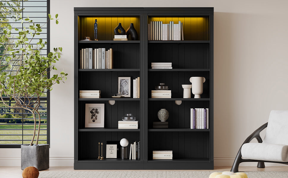 83' Tall Wood Bookcase Suite with light strip ,5-Tier Home Decor Bookcase Suite with Adjustable Shelves,Storage Organizer,Fre