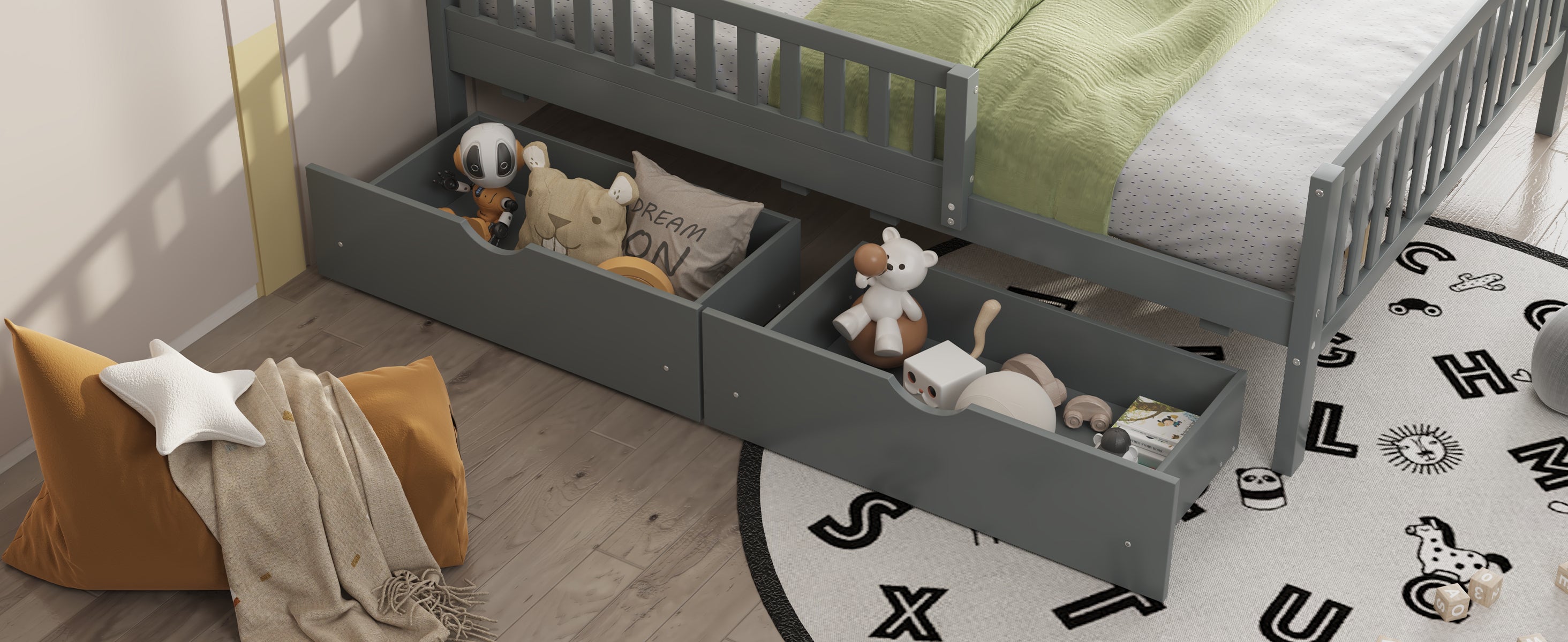 Twin Size Wood Platform Bed with Guardrails on Both Sides and Two Storage Drawers, Gray - Grand Goldman Shop