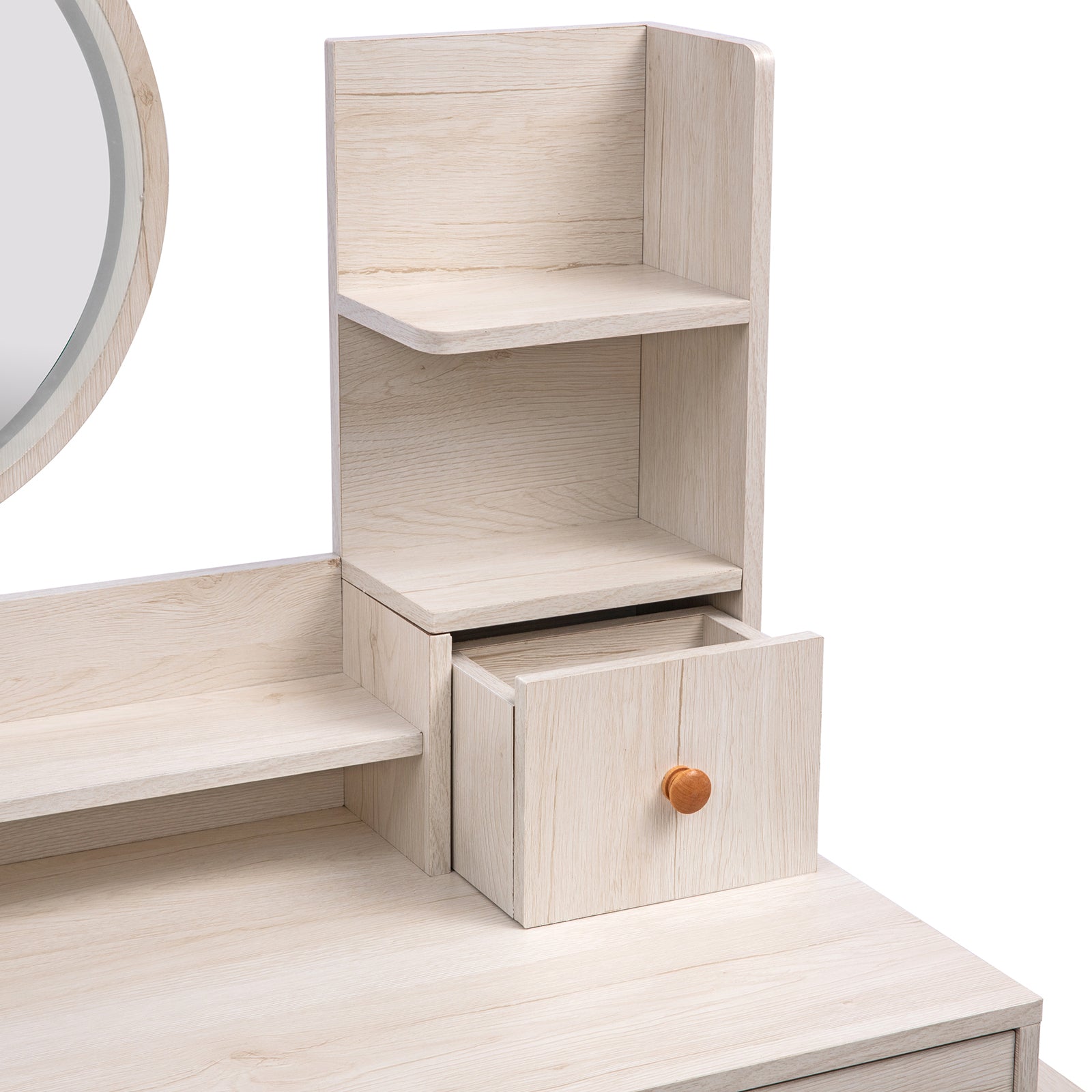 CRAZY ELF Stylish Vanity Table + Cushioned Stool, Touch Control LED Mirror, Large Capacity Storage Cabinet, 5 Drawers, Fashionable Makeup Furniture, Length Adjustable(L31.5'-43.2'x W15.8' x H48.1') - Grand Goldman Shop