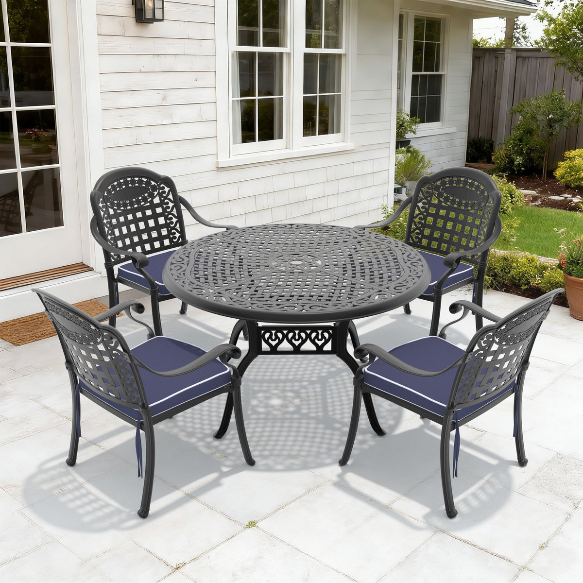 5-Piece Set Of Cast Aluminum Patio Furniture With Black Frame and Blue Seat Cushions