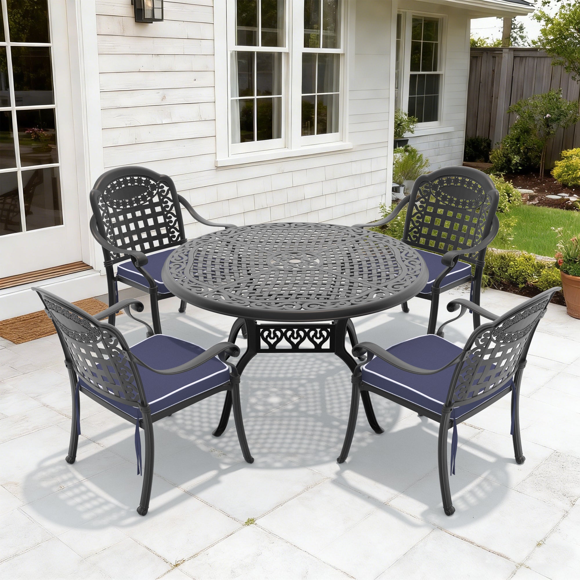 5-Piece Set Of Cast Aluminum Patio Furniture With Black Frame and Blue Seat Cushions
