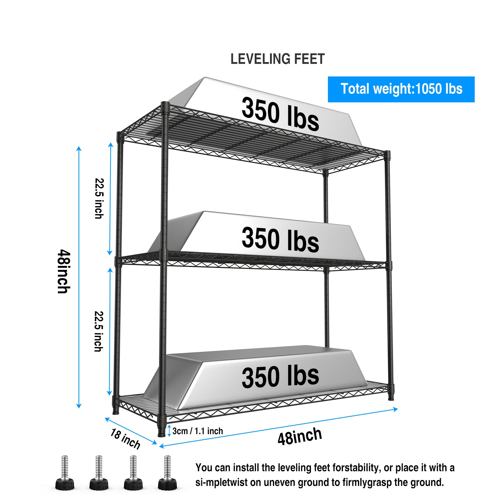 3 Tier Wire Shelving Unit, 1050 LBS NSF Height Adjustable Metal Garage Storage Shelves, Heavy Duty Storage Wire Rack Metal Shelves - Black - Grand Goldman Shop