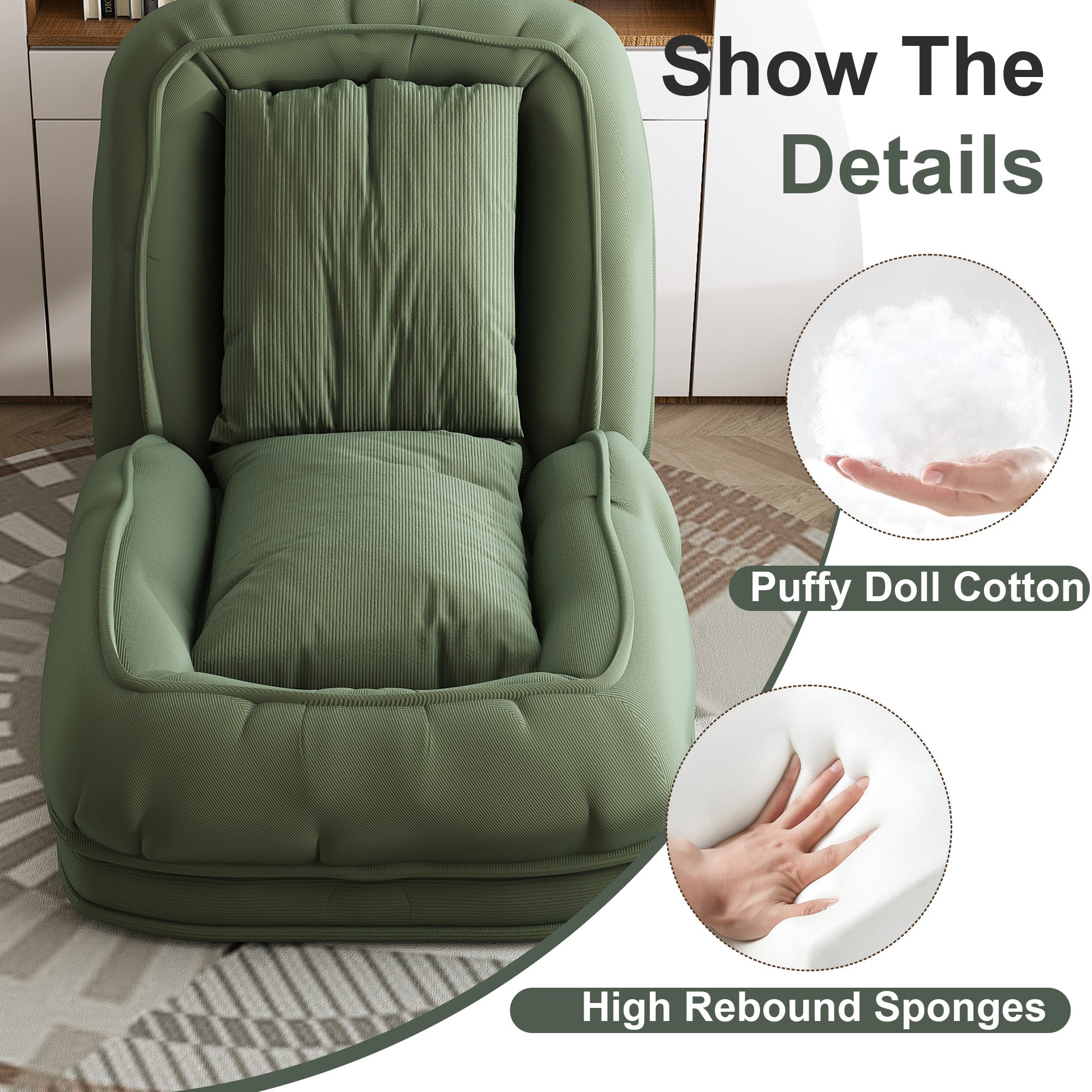 Green Upholstered Human Dog Bed with 5 Adjustable Positions, Foldable Lazy Sofa Bed for Adults and Pets, Includes 2 Soft Pillows for Bedroom, Living Room, Reading Corner - Grand Goldman Shop