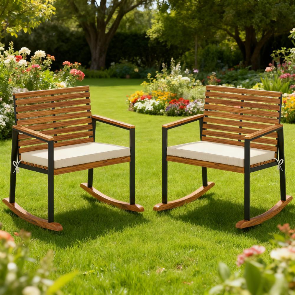 Lawn Rocking Chair Set of 2 Rocking Chairs with Armrests Cushion, Cream White - Grand Goldman Shop
