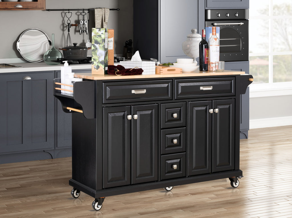 Kitchen Island with Rubber wood Countertop, Kitchen Cart on 5 Wheels with Storage Cabinet and 5 Drawers for Dinning Room, Black - Grand Goldman Shop
