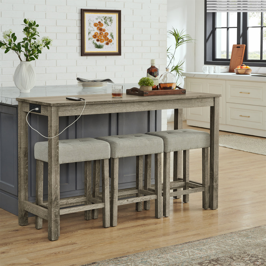 59 Inch Bar Table, Dining Table, Sofa Table with Power Outlet, 3 Upholstered Stools, 4 Piece Bar Table and Chair Set for Living Room, Dining Room, Kitchen - Grand Goldman Shop