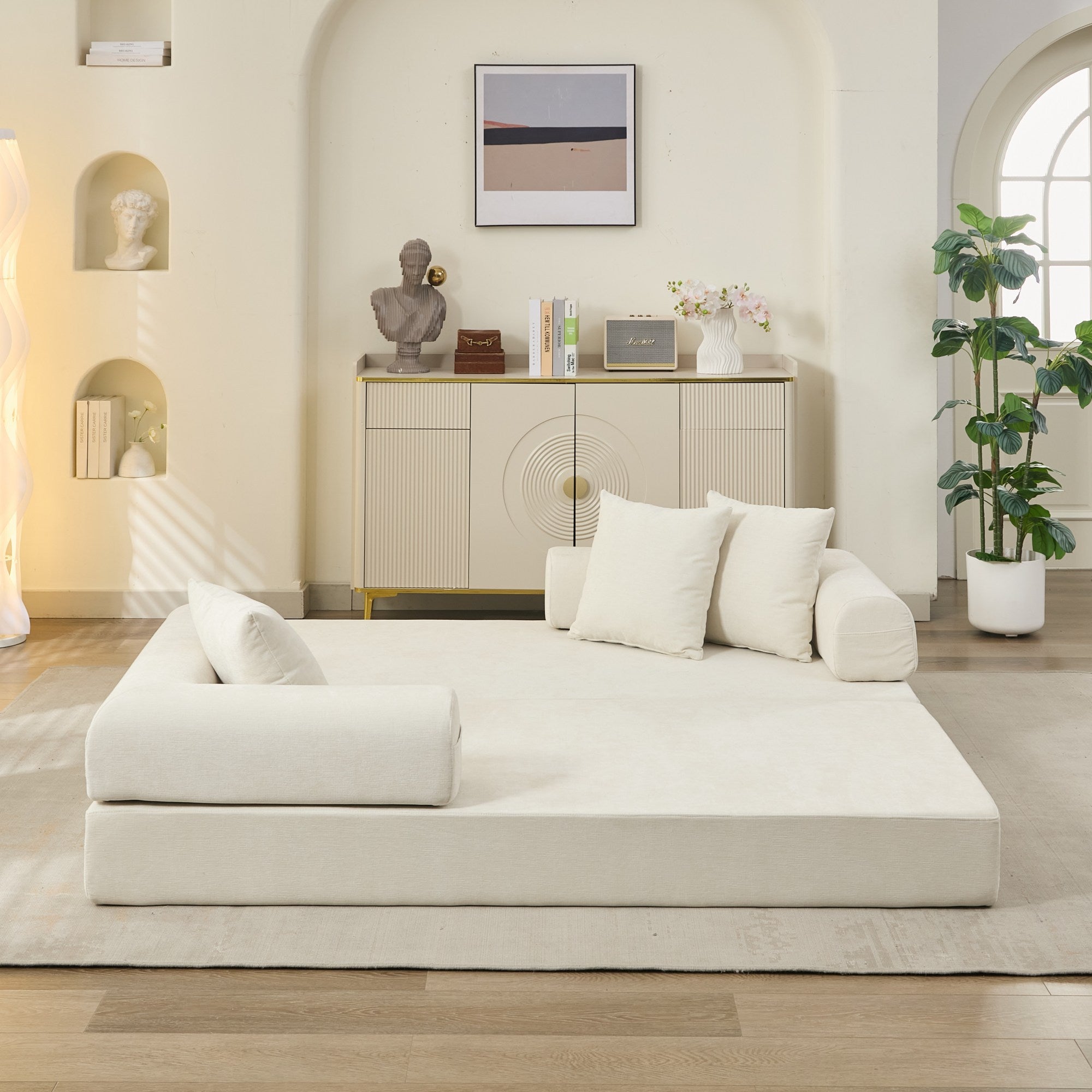 Comfy Convertible Folding Mattress Couch, Floor Sofa Bed, Chenille Floor Sofa with Armrest, Floor Sofa Lounge Couch for Living Room Bedroom Lounge Studio-Beige - Grand Goldman Shop