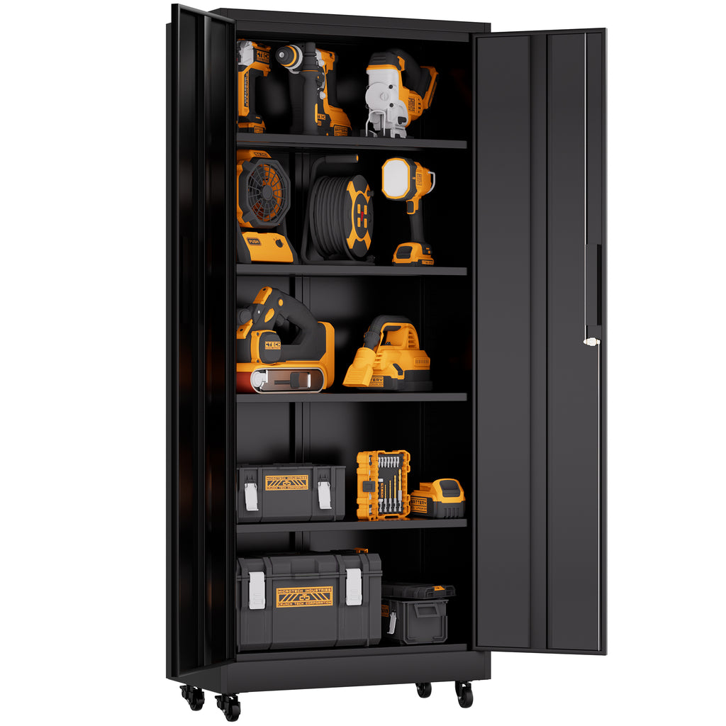 71'H Metal Garage Storage Cabinet with Wheels and Lock, Heavy Duty Rolling Metal Cabinet, 4 Adjustable Shelves (180lb Each), 