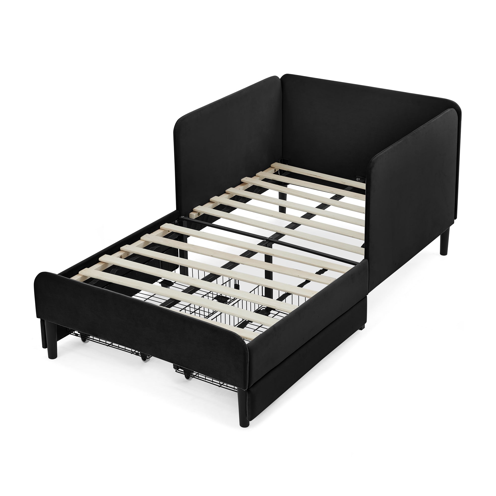 Black Velvet Twin Upholstered Platform Bed Frame with 2 Storage Drawers and Adjustable Sofa Bed - Grand Goldman Shop