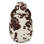 Cow-Shaped Modern Ottoman Footstool in Brown and White Fabric with Velvet Horns, Birch Legs, 25.25 x 14.00 x 16.75 inches - Grand Goldman Shop