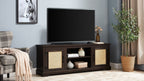 Farmhouse Rattan TV Stand Console Table for TVs up to 70 Inches, TV Console Table with 2 Storage Shelves, 2 Natural Rattan Door Cabinets, 65'W*15.55'D*23.86'H, Espresso - Grand Goldman Shop