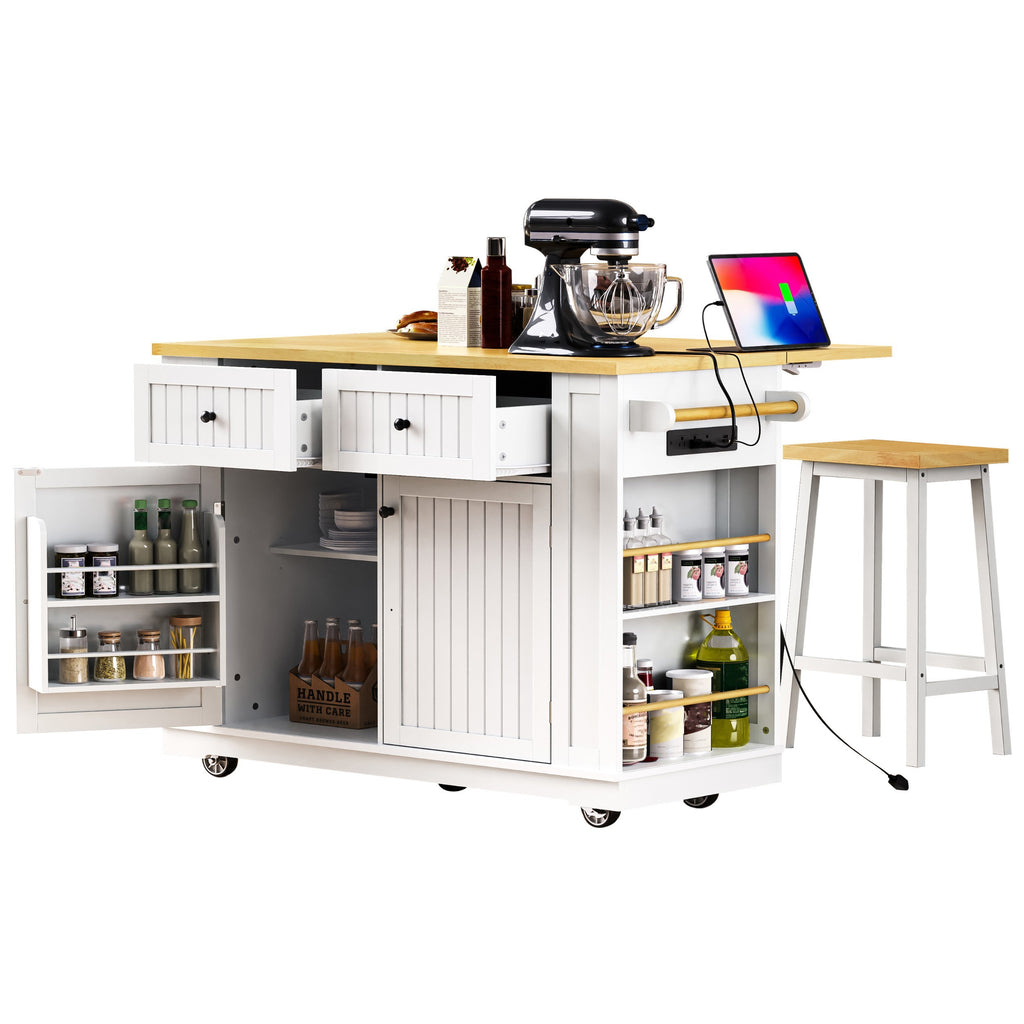 48 inch Kitchen Island with Drop Leaf,Power Outlet,Internal Storage Rack,Rolling Kitchen Storage Cart on 5 Wheels with 5 Open Side Racks for Kitchen,White (Old SKU N707P257057W)(Not Include Stools) - Grand Goldman Shop