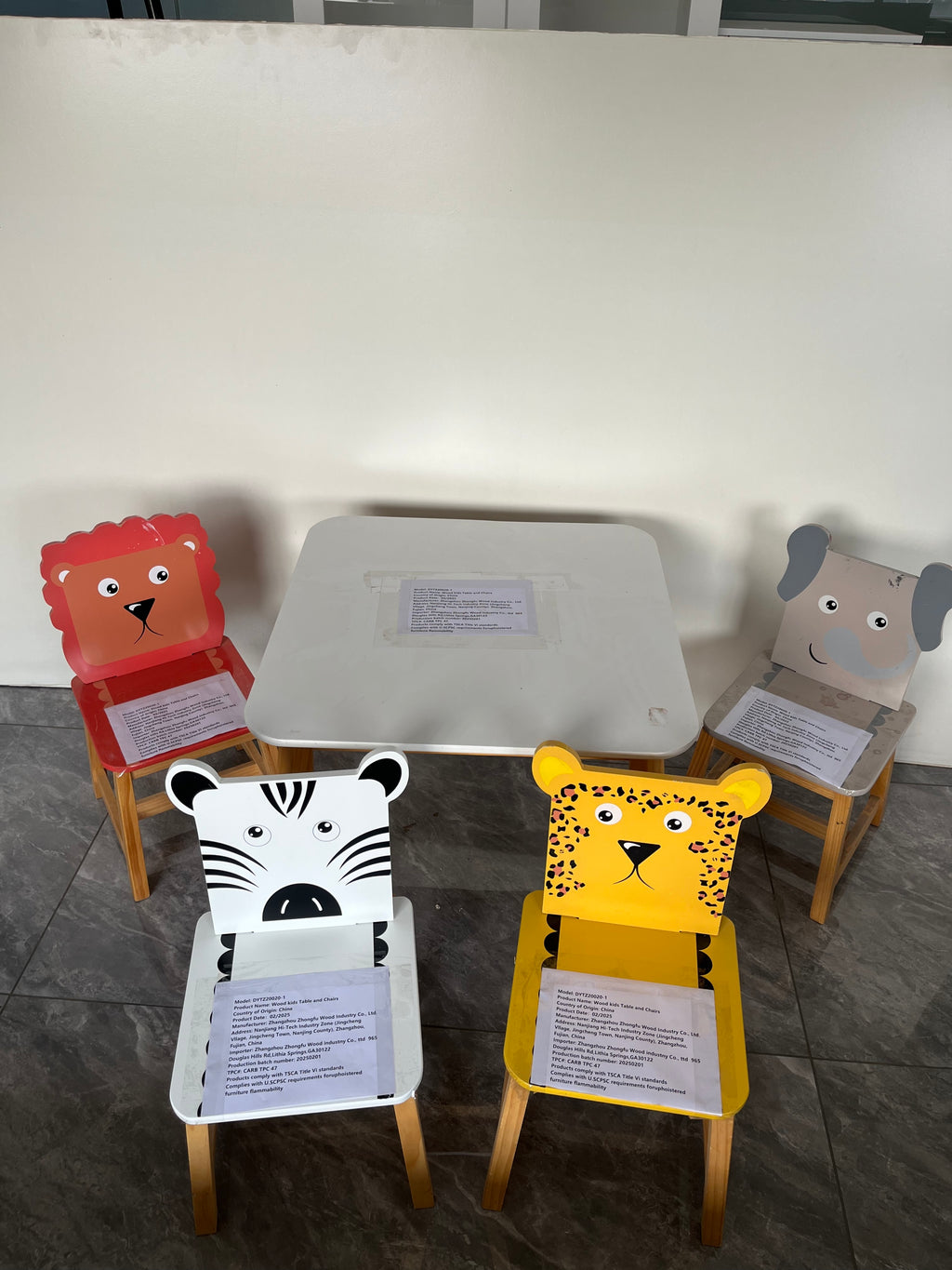 Kids Wood Table and Chair Set with Cartoon Animals Design, White Solid Wood & MDF Furniture for Ages 3-8, 5-Piece Table and C