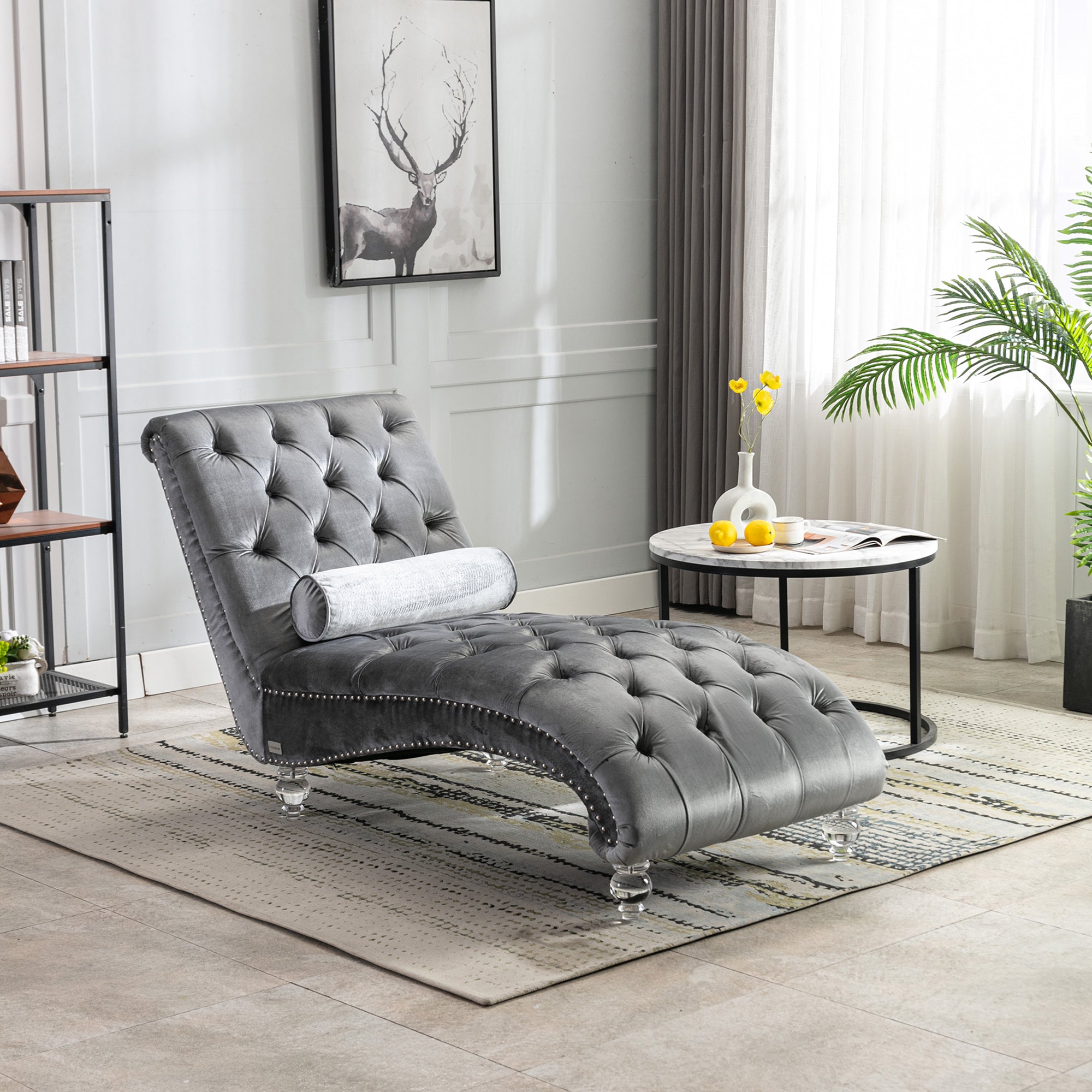 Velvet Chaise Lounge Indoor, Button-Tufted Upholstered Chaise Lounge Chair with Pillow, Silver Velvet, 63.98 Inches - Grand Goldman Shop