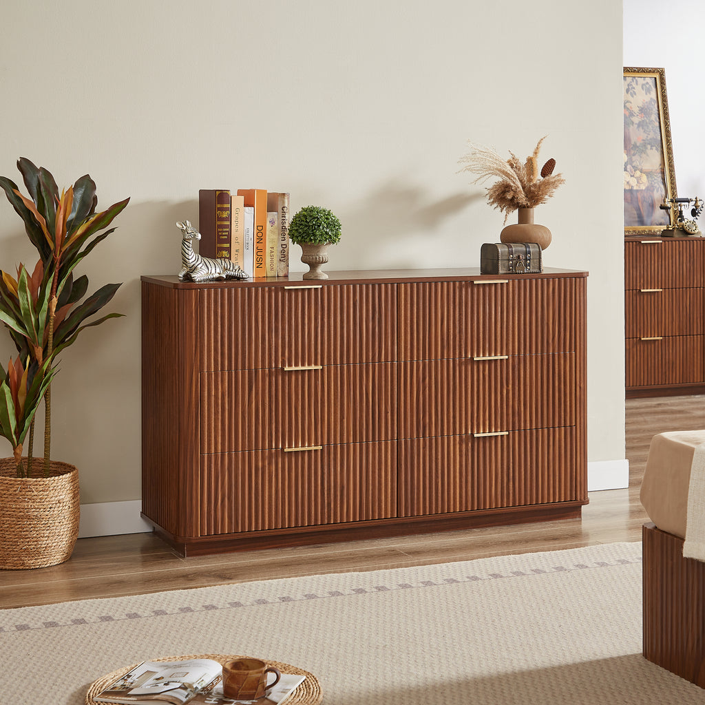 6 Drawers Dresser,55' Wide Modern Chest of Drawers Curved wave Design, Dresser TV Stand, Wood Drawer Organizer for Bedroom, Living Room, Hallway, Walnut,55.12''W x 15.75''D x 31.5''H. - Grand Goldman Shop