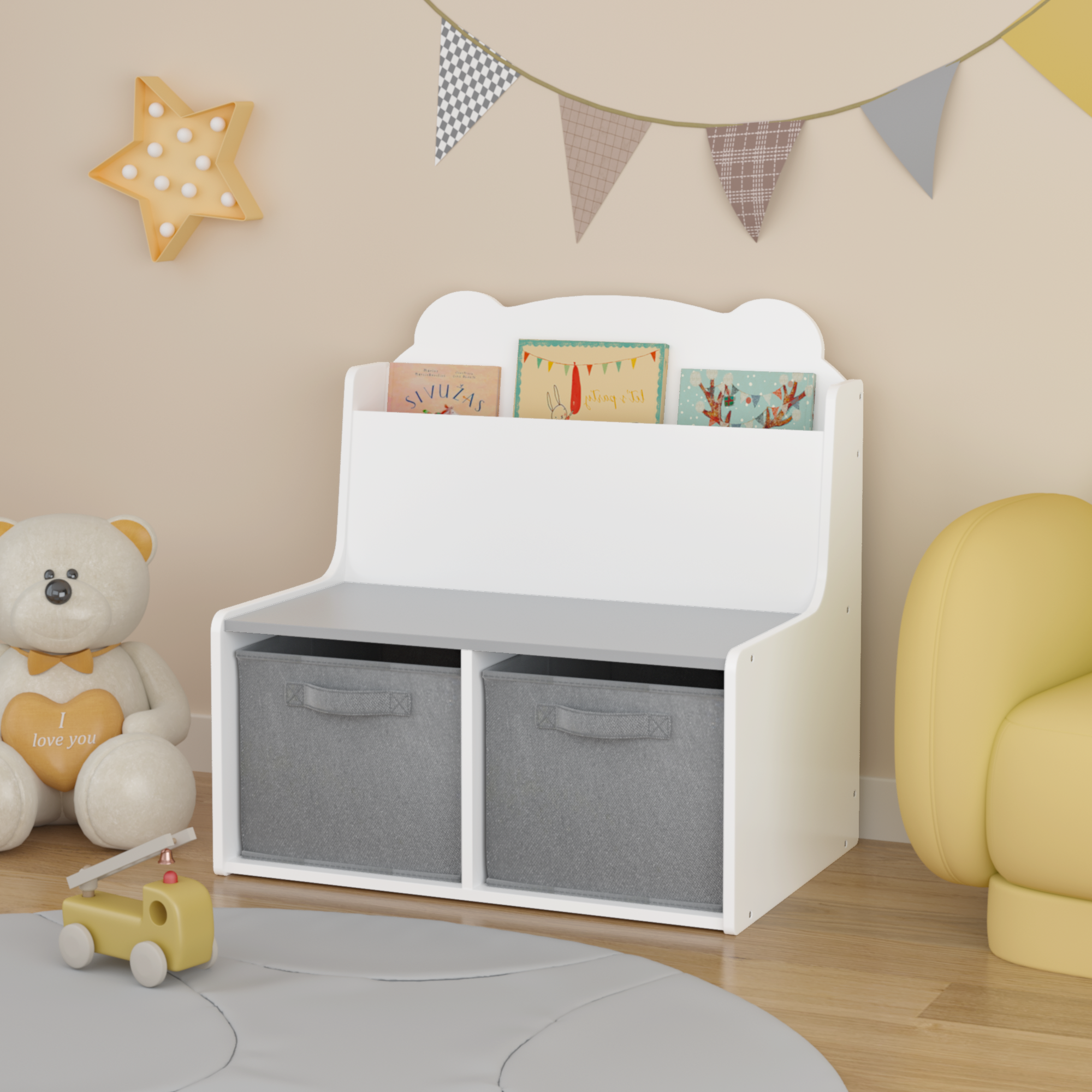 Kids Bookshelf with Storage Bins – Wooden Bookcase with Book Display Shelf and 2 Fabric Bins, Cute Bear-Shaped Backboard, Toy